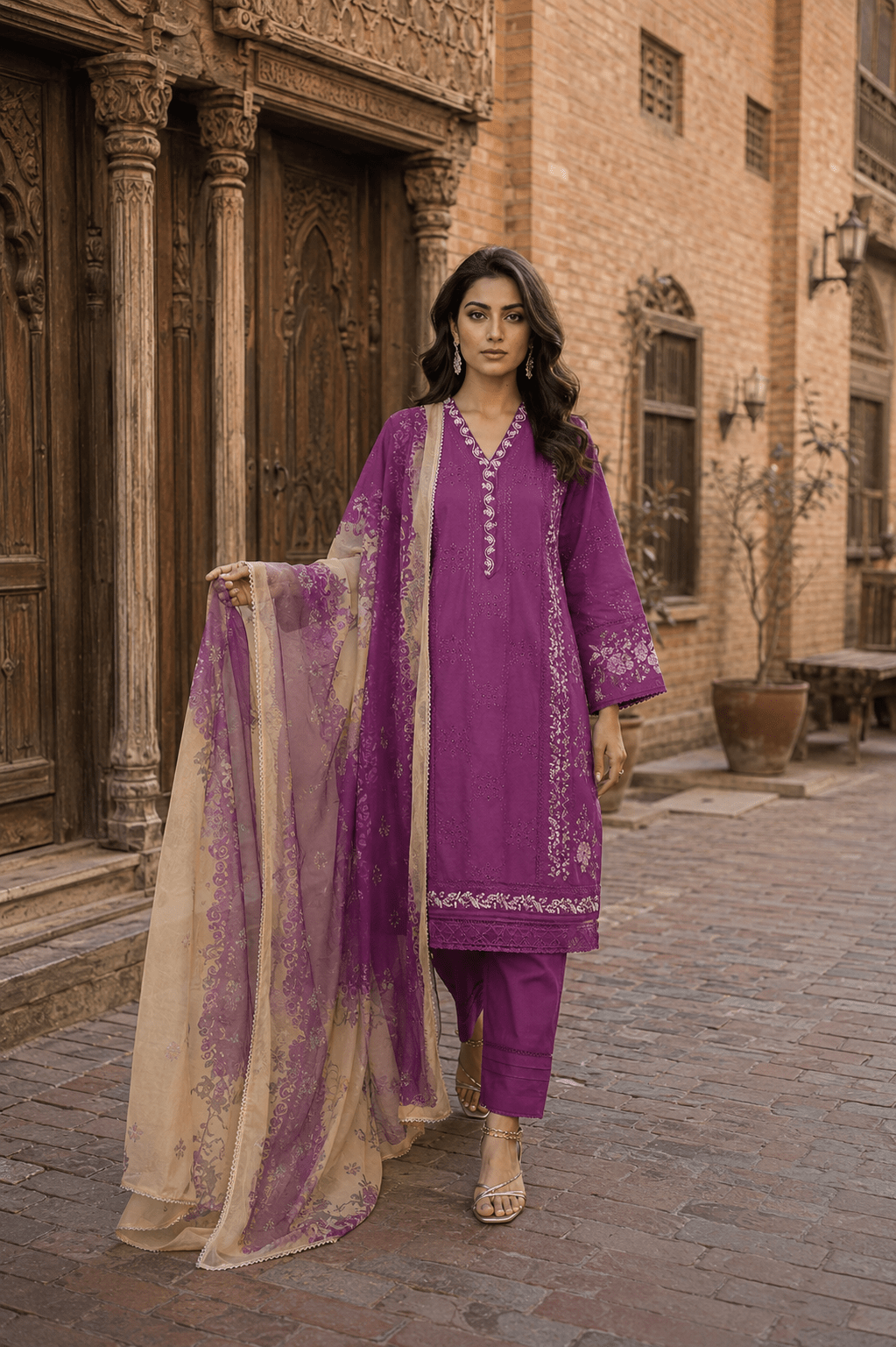 Luxury purple embroidered Pakistani lawn suit with printed chiffon dupatta, front view fashion model, premium women's summer collection with elegant floral detailing.