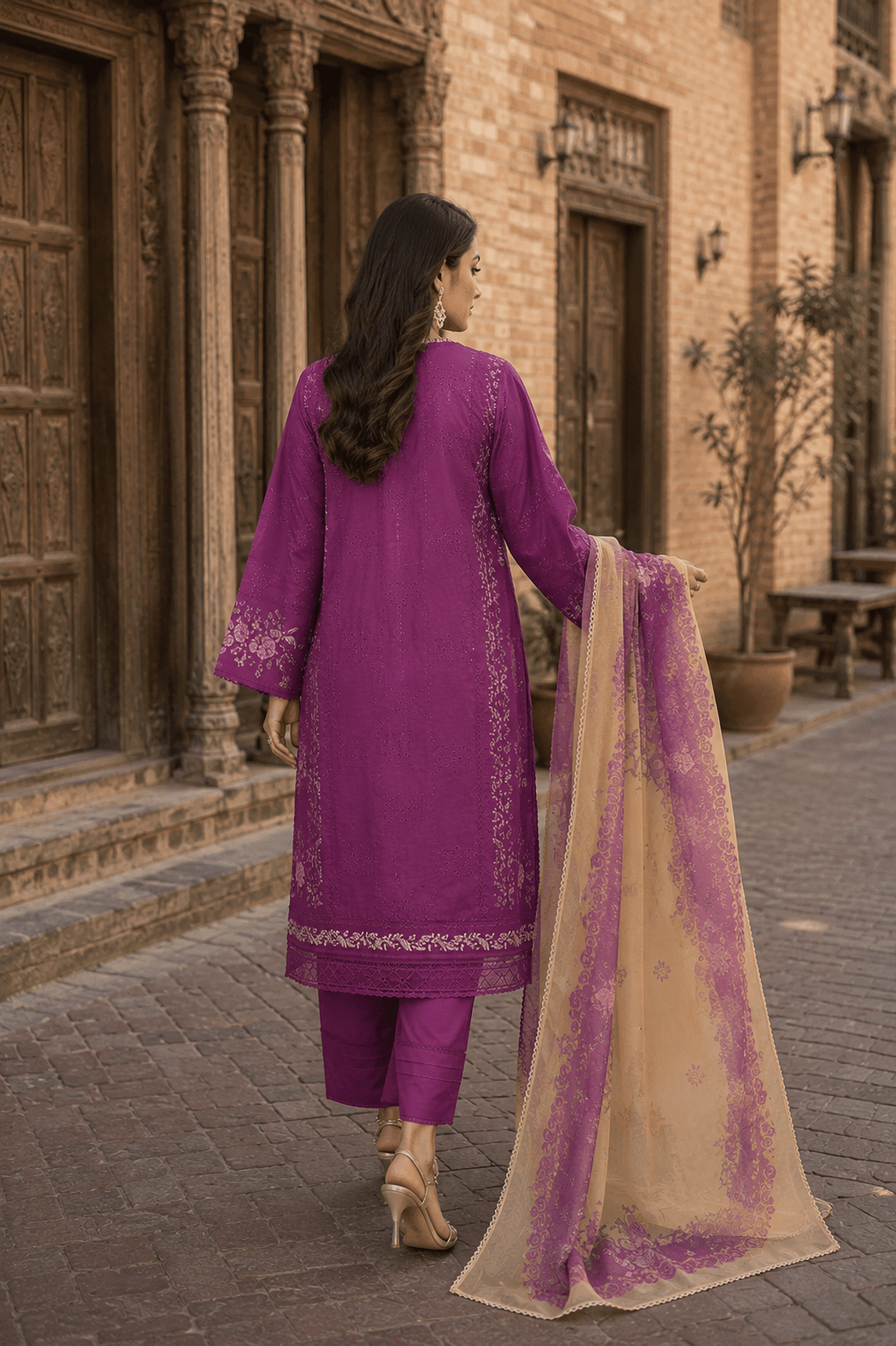 Back view of purple embroidered Pakistani lawn suit with printed chiffon dupatta, luxury Pakistani women's ethnic wear showcasing complete outfit design.