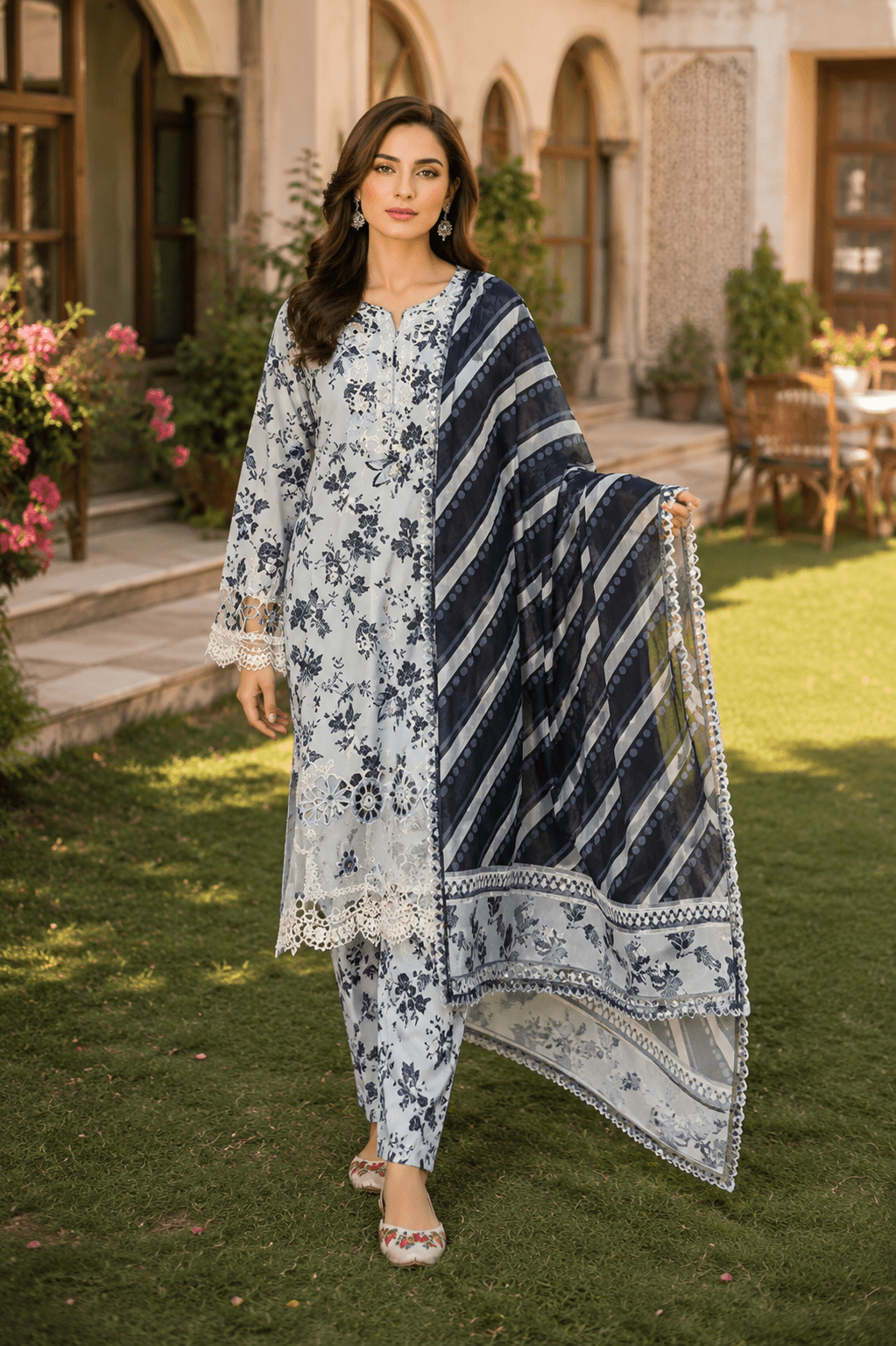 Mehrbano printed Pakistani lawn suit with coordinated dupatta, elegant floral patterns and delicate lace detailing by Ameersons.