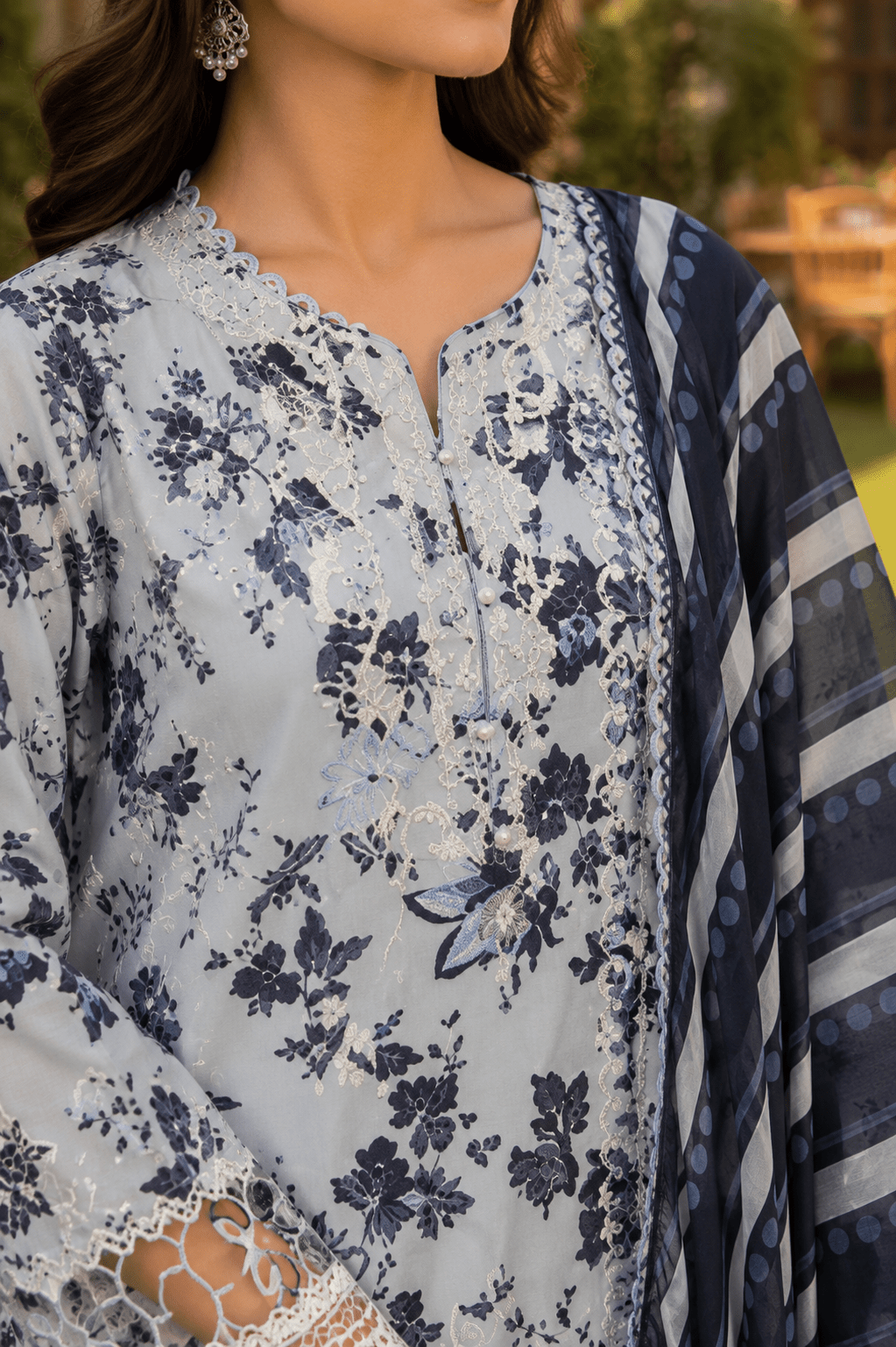 Close-up neckline and front panel detail of Mehrbano floral grey lawn suit featuring floral prints and lace finishing.