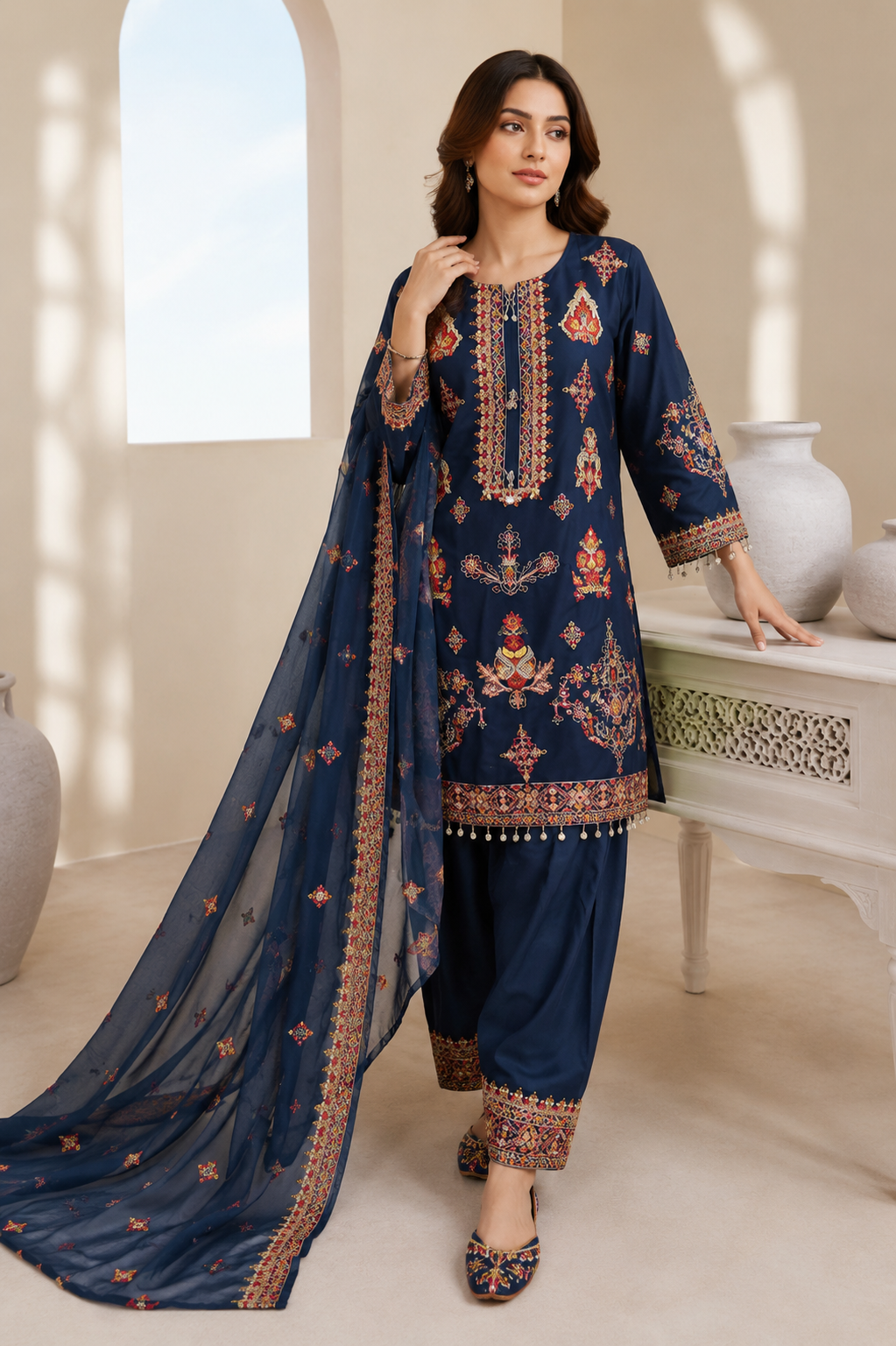 NOOR-E-ZAR navy blue embroidered 3 piece lawn suit with chiffon dupatta by Ameer Sons Pakistan