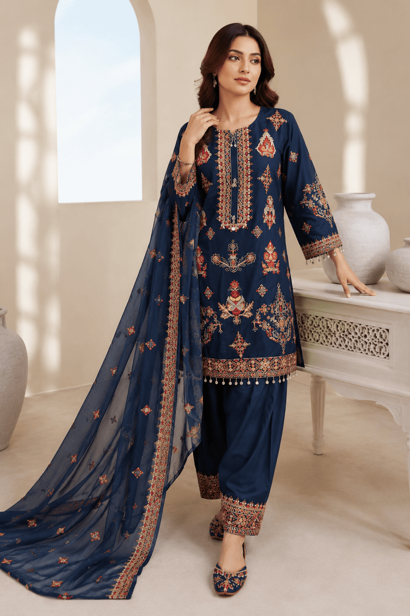 NOOR-E-ZAR navy blue embroidered 3 piece lawn suit with chiffon dupatta by Ameer Sons Pakistan