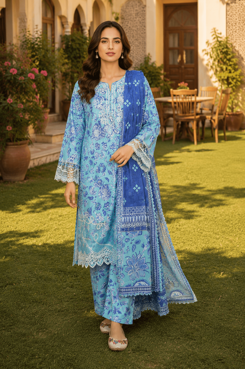 Mehrbano aqua blue printed lawn suit with contrast blue dupatta, premium Pakistani summer dress by Ameersons.