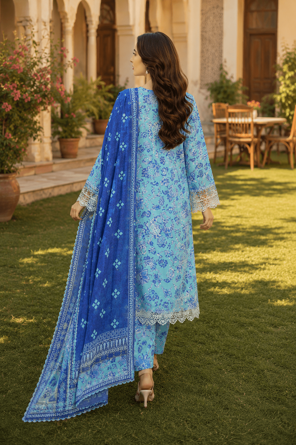 Back view of Mehrbano aqua blue printed Pakistani lawn suit with contrast blue dupatta and matching trousers.