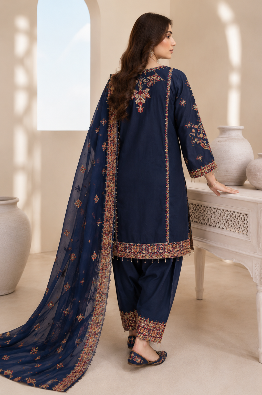 NOOR-E-ZAR navy blue embroidered lawn suit back view with chiffon dupatta by Ameer Sons Pakistan