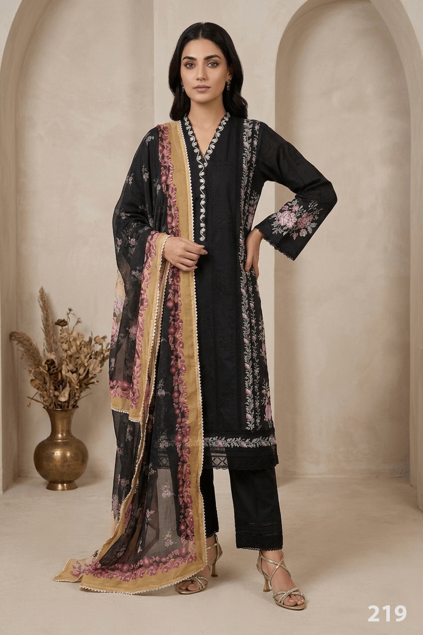 ZARMINÉ black embroidered 3 piece lawn suit with printed chiffon dupatta by Ameer Sons