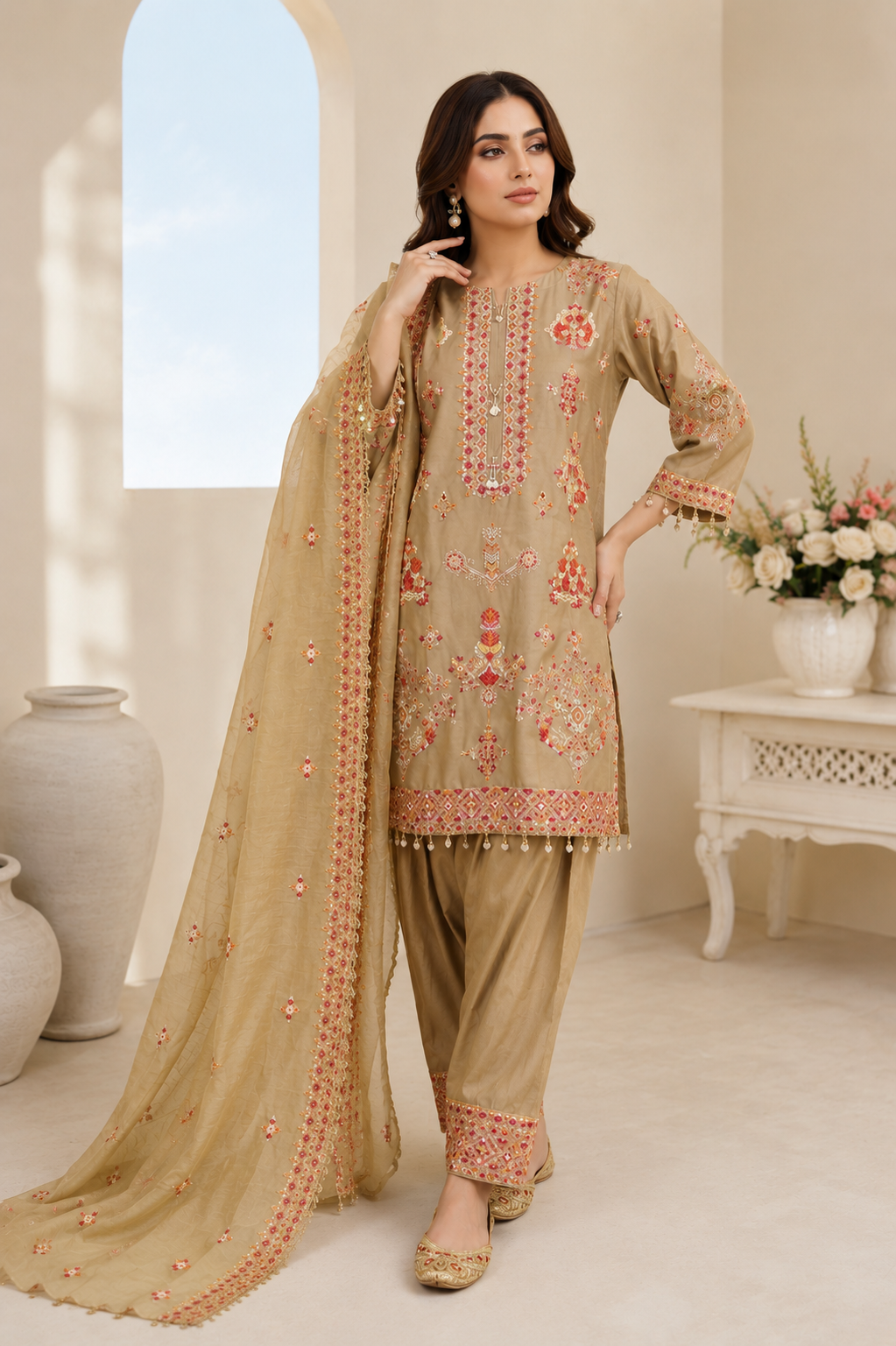 NOOR-E-ZAR beige embroidered 3 piece lawn suit with chiffon dupatta by Ameer Sons Pakistan