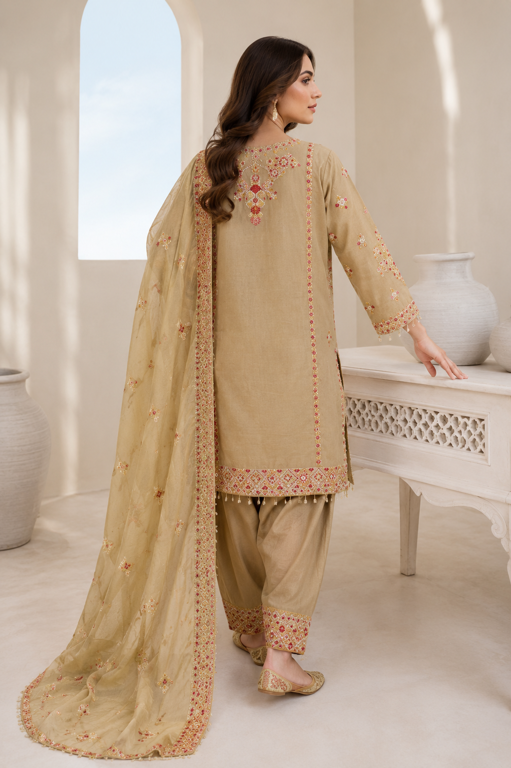 NOOR-E-ZAR beige embroidered lawn suit back view with chiffon dupatta by Ameer Sons Pakistan