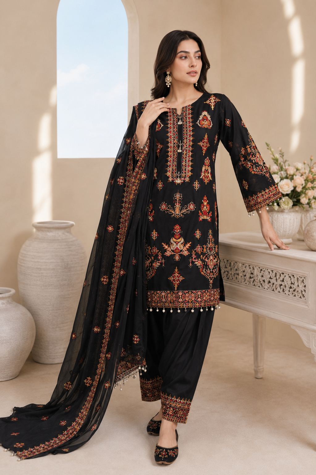 NOOR-E-ZAR black embroidered 3 piece lawn suit with chiffon dupatta by Ameer Sons Pakistan