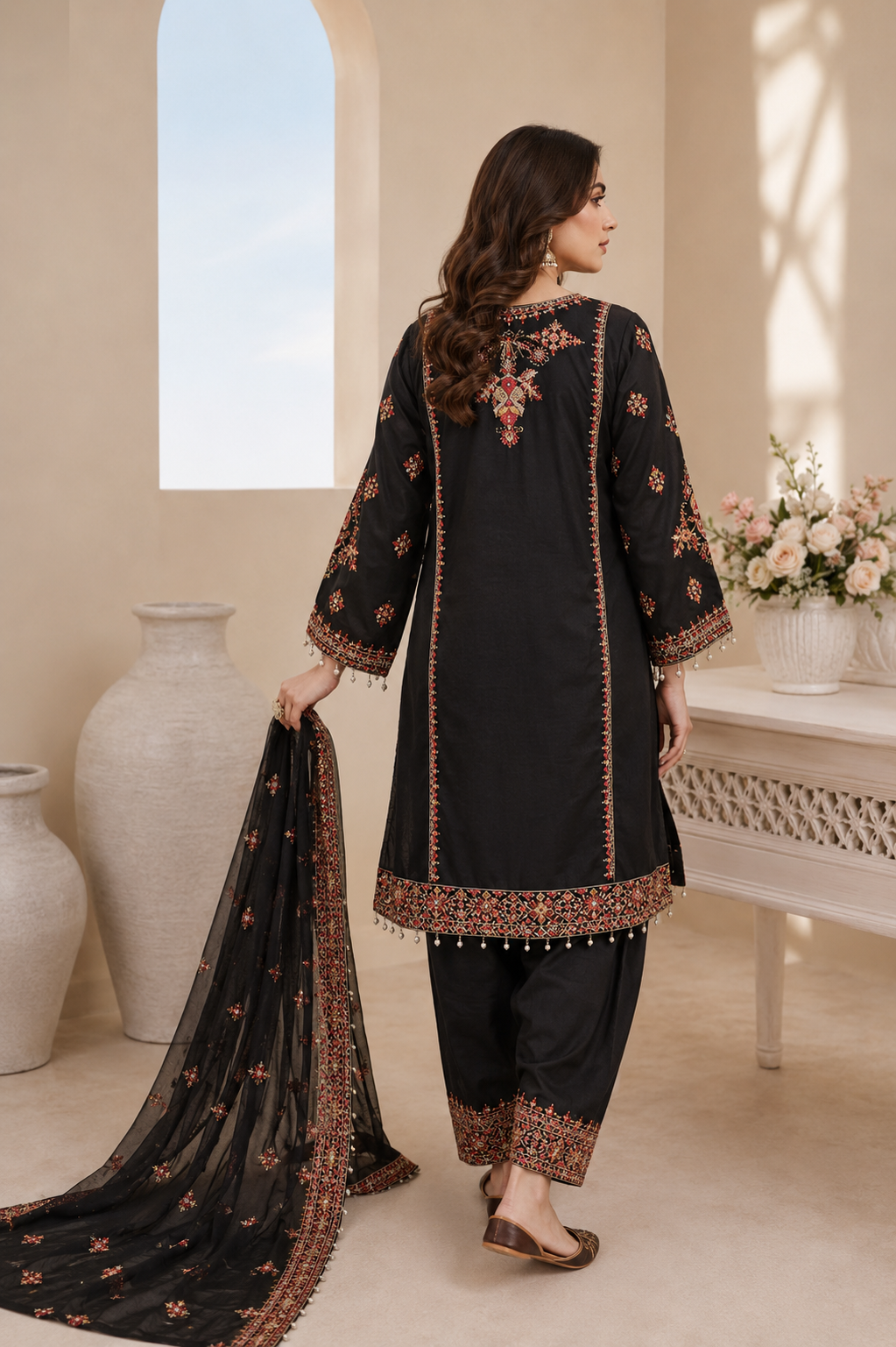 NOOR-E-ZAR black embroidered lawn suit back view with chiffon dupatta by Ameer Sons Pakistan