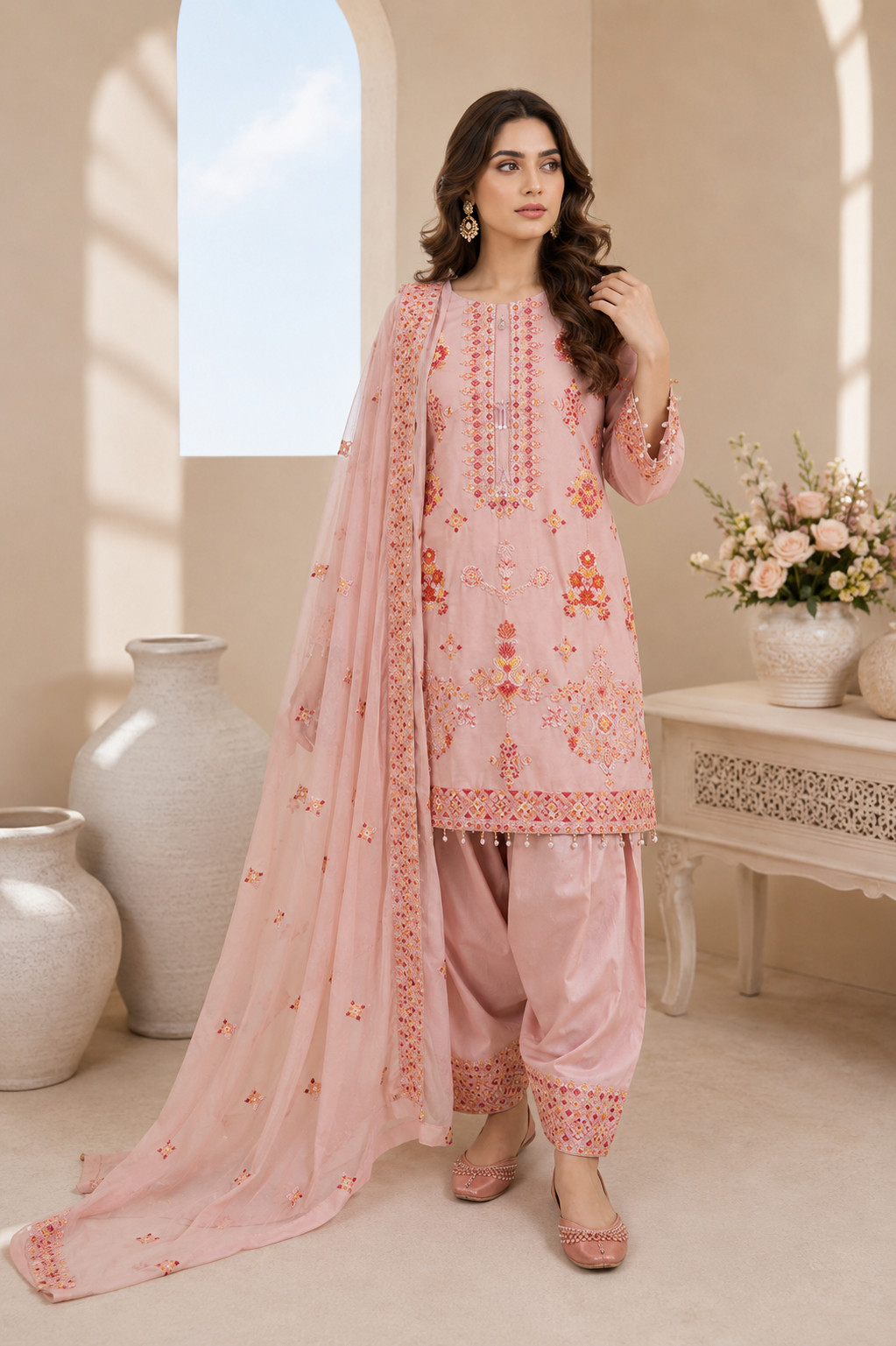 NOOR-E-ZAR baby pink embroidered 3 piece lawn suit with chiffon dupatta by Ameer Sons Pakistan