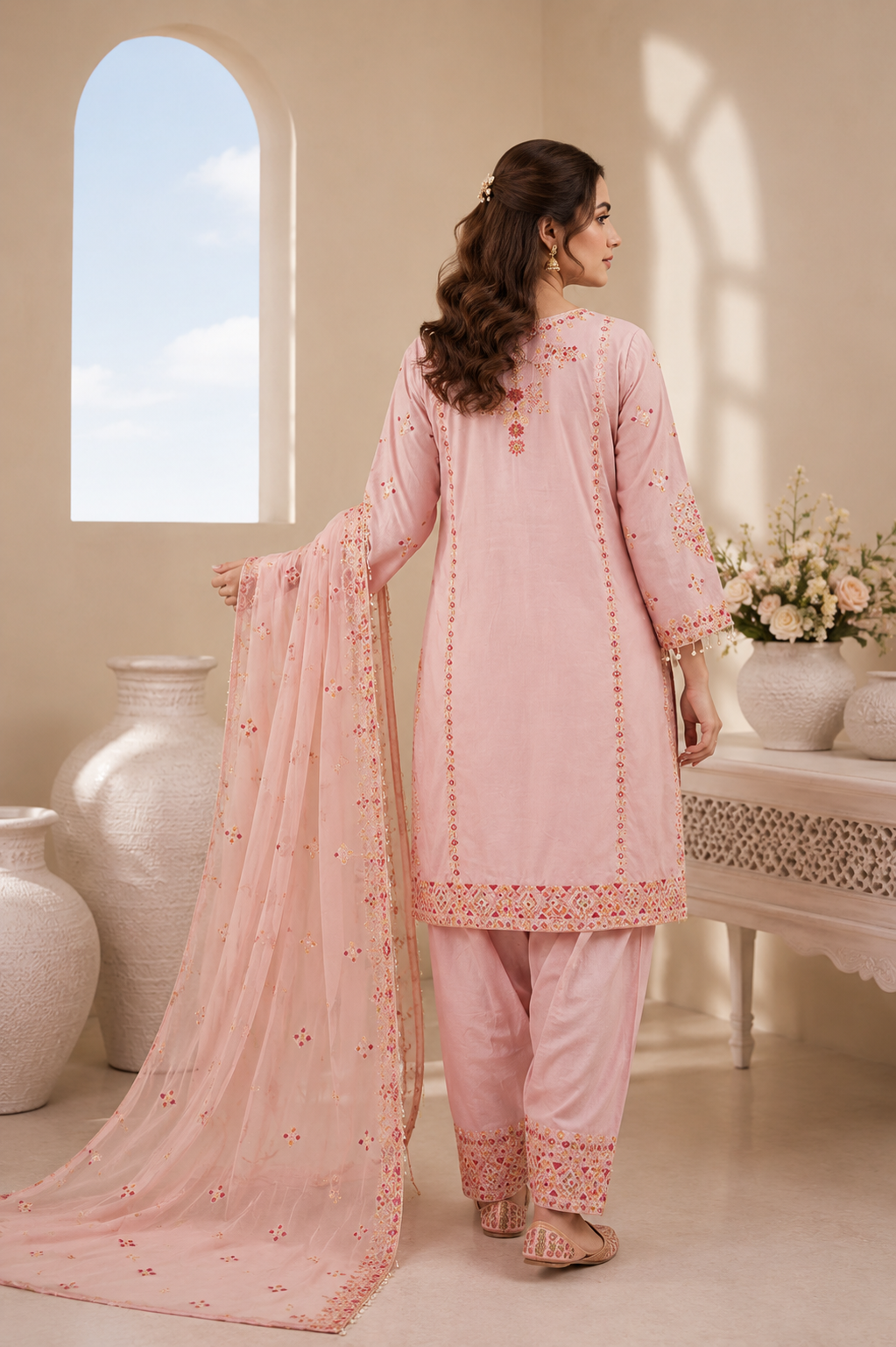 NOOR-E-ZAR baby pink embroidered lawn suit back view with chiffon dupatta by Ameer Sons Pakistan