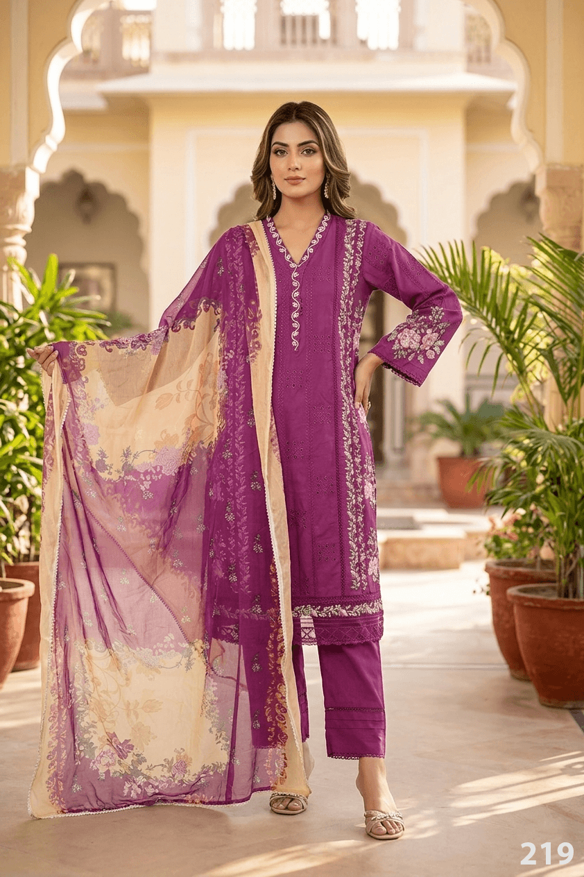 ZARMINÉ purple embroidered 3 piece lawn suit with printed chiffon dupatta by Ameer Sons