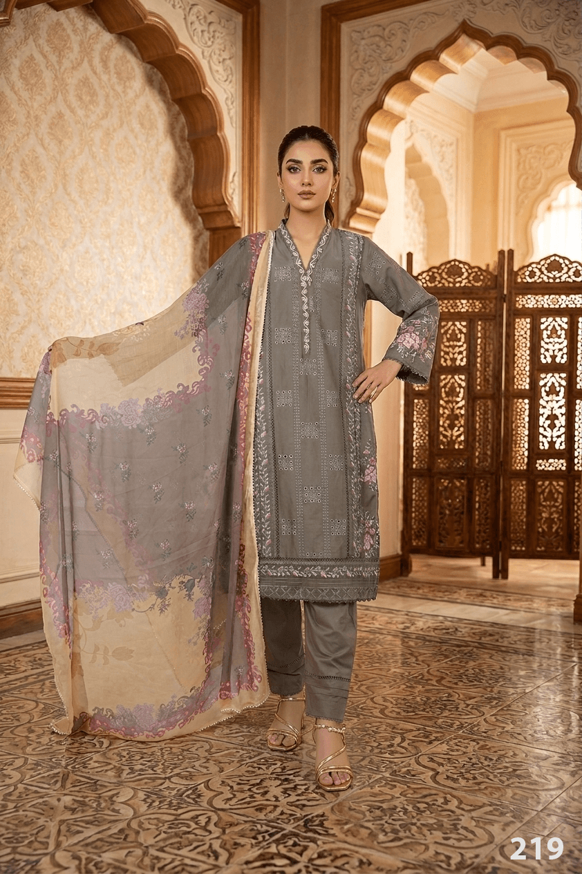 ZARMINÉ grey embroidered 3 piece lawn suit with printed chiffon dupatta by Ameer Sons
