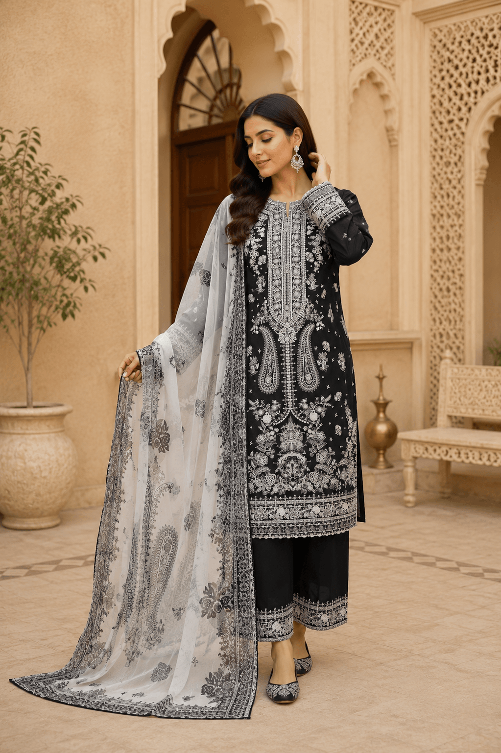 SIAYARA black embroidered 3 piece lawn suit with embroidered chiffon dupatta