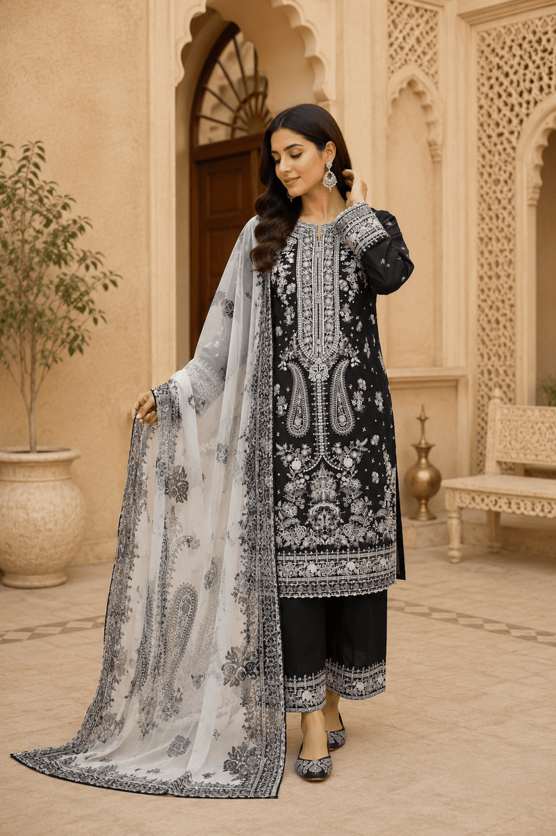 SIAYARA black embroidered 3 piece lawn suit with embroidered chiffon dupatta