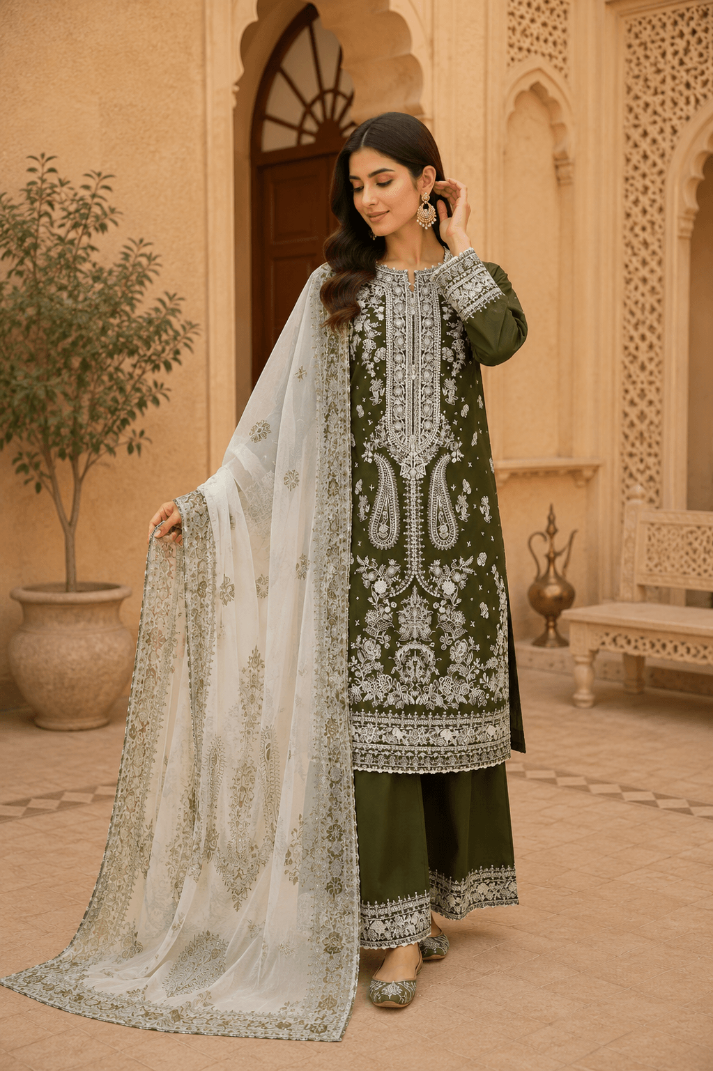 SIAYARA olive embroidered 3 piece lawn suit with chiffon dupatta