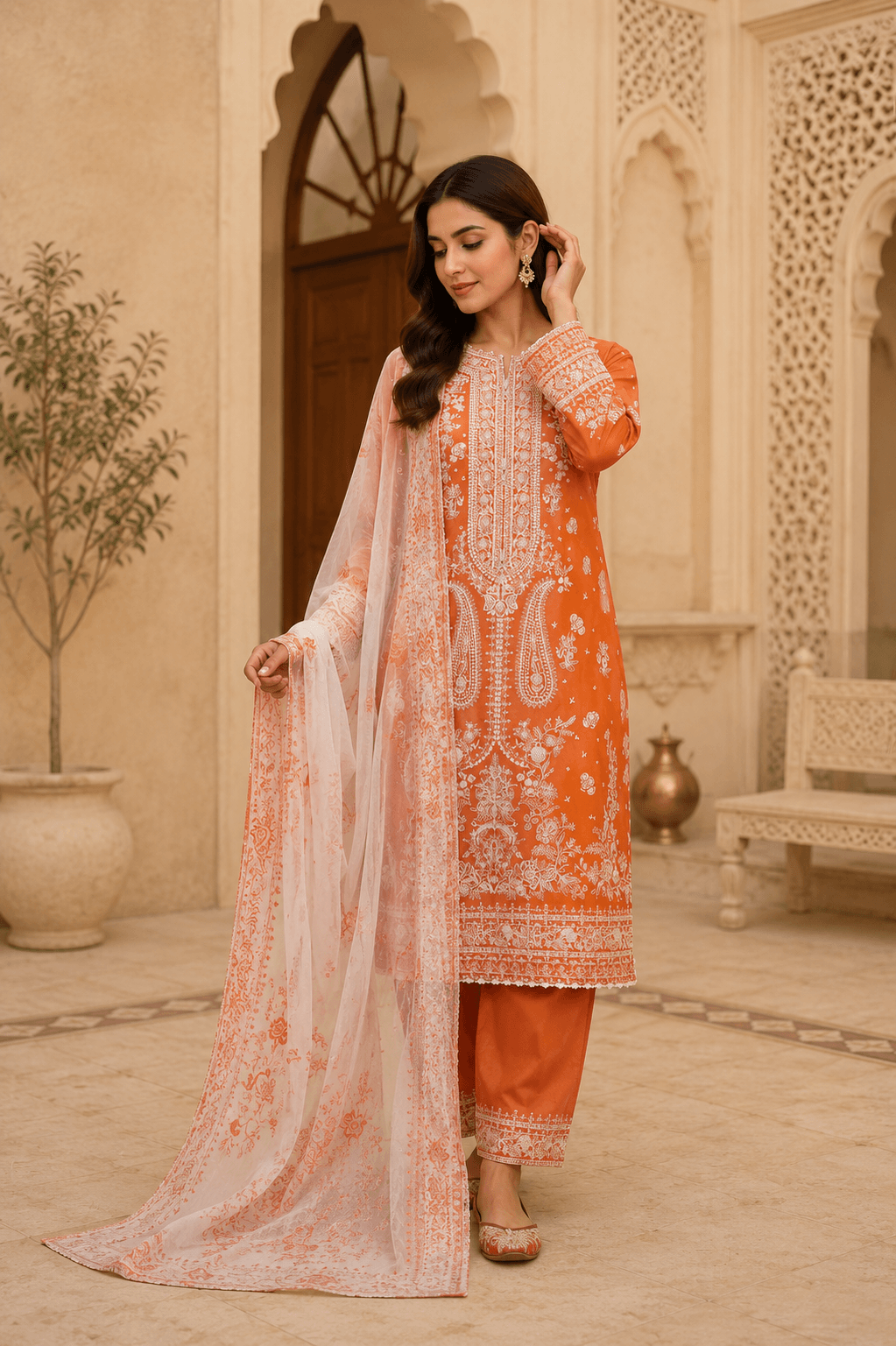 SIAYARA orange embroidered lawn suit with embroidered dupatta
