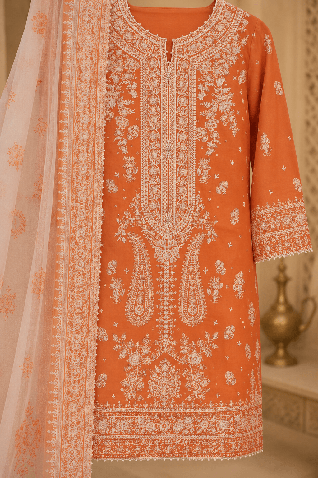 SIAYARA orange premium lawn suit front view with embroidery details