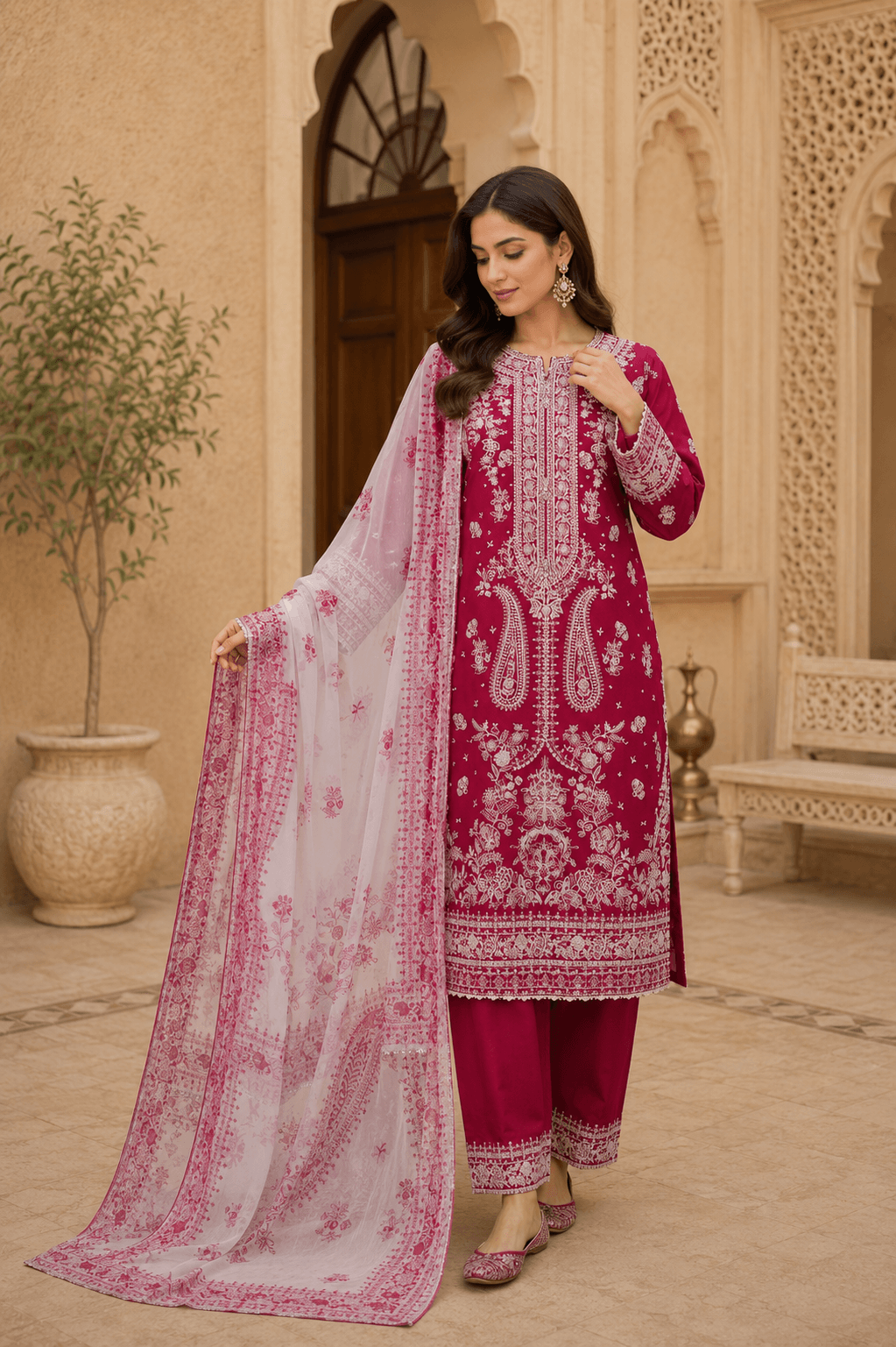 SIAYARA red embroidered 3 piece lawn suit with chiffon dupatta
