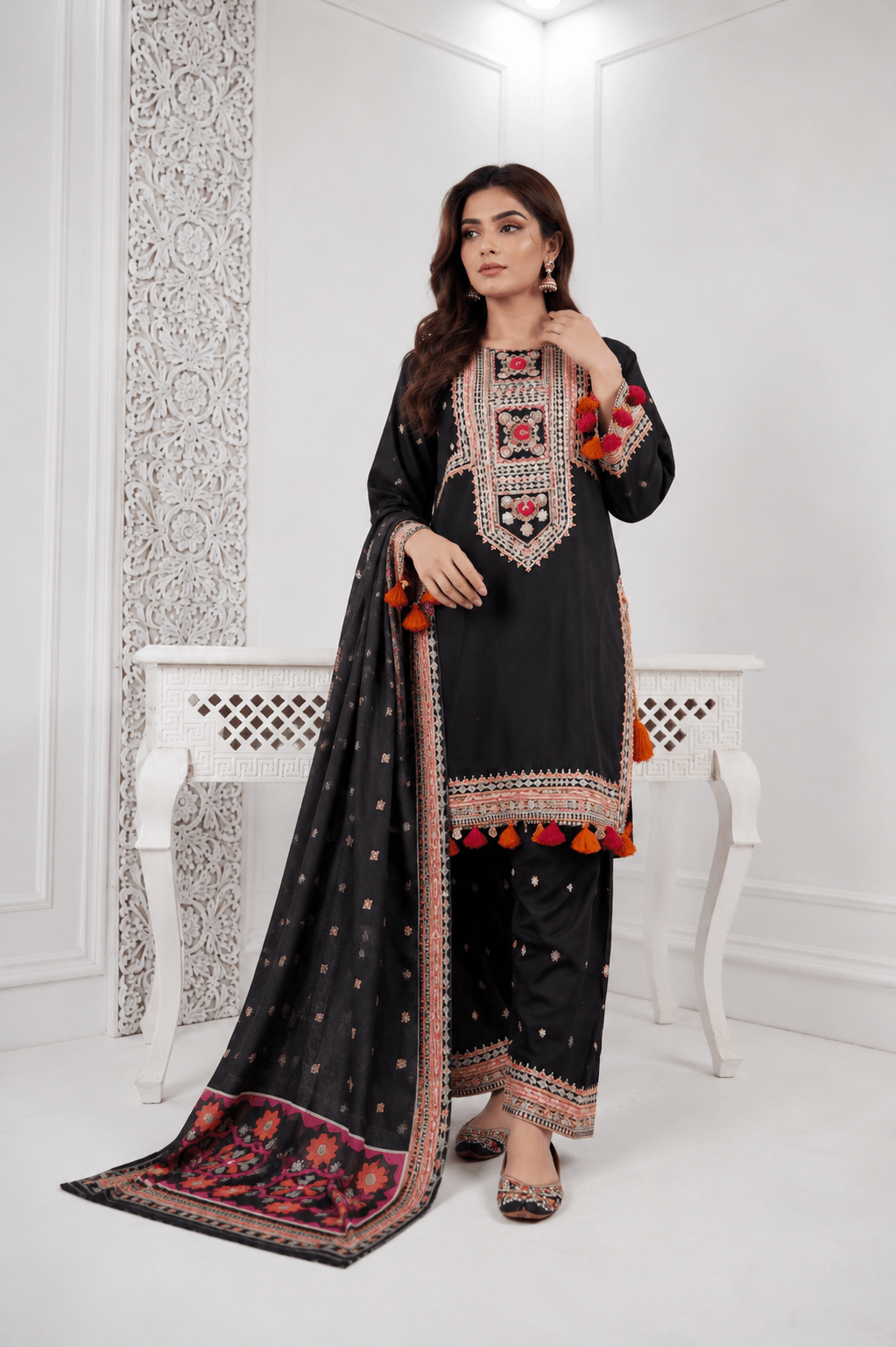 NAQSH black embroidered 3 piece lawn suit with printed dupatta by Ameer Sons