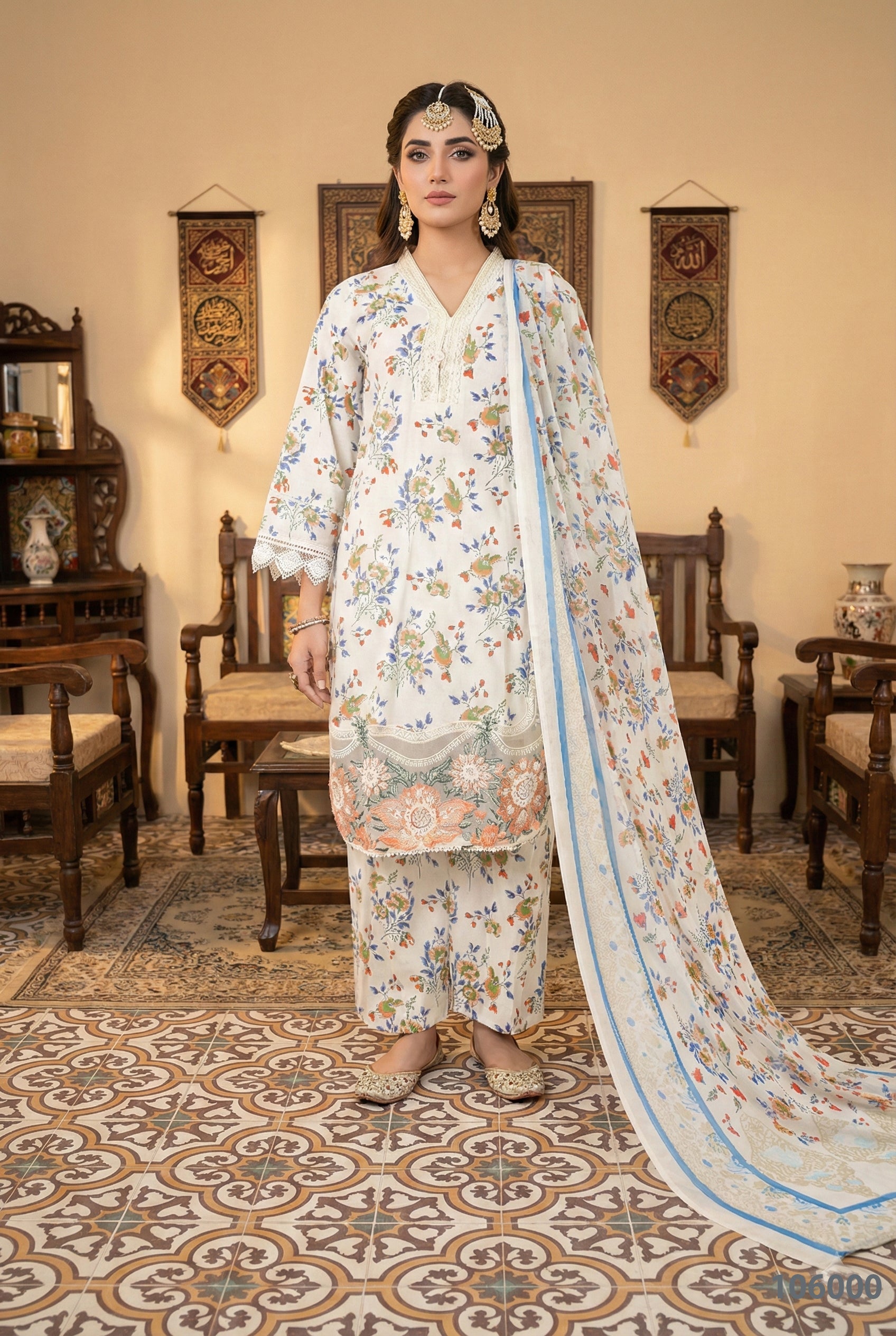 Luxury Off-White Floral Printed 3PC Suit with Dupatta – Festive Ladies Wear | Designed By AmeerSons #106000 Ameer Sons