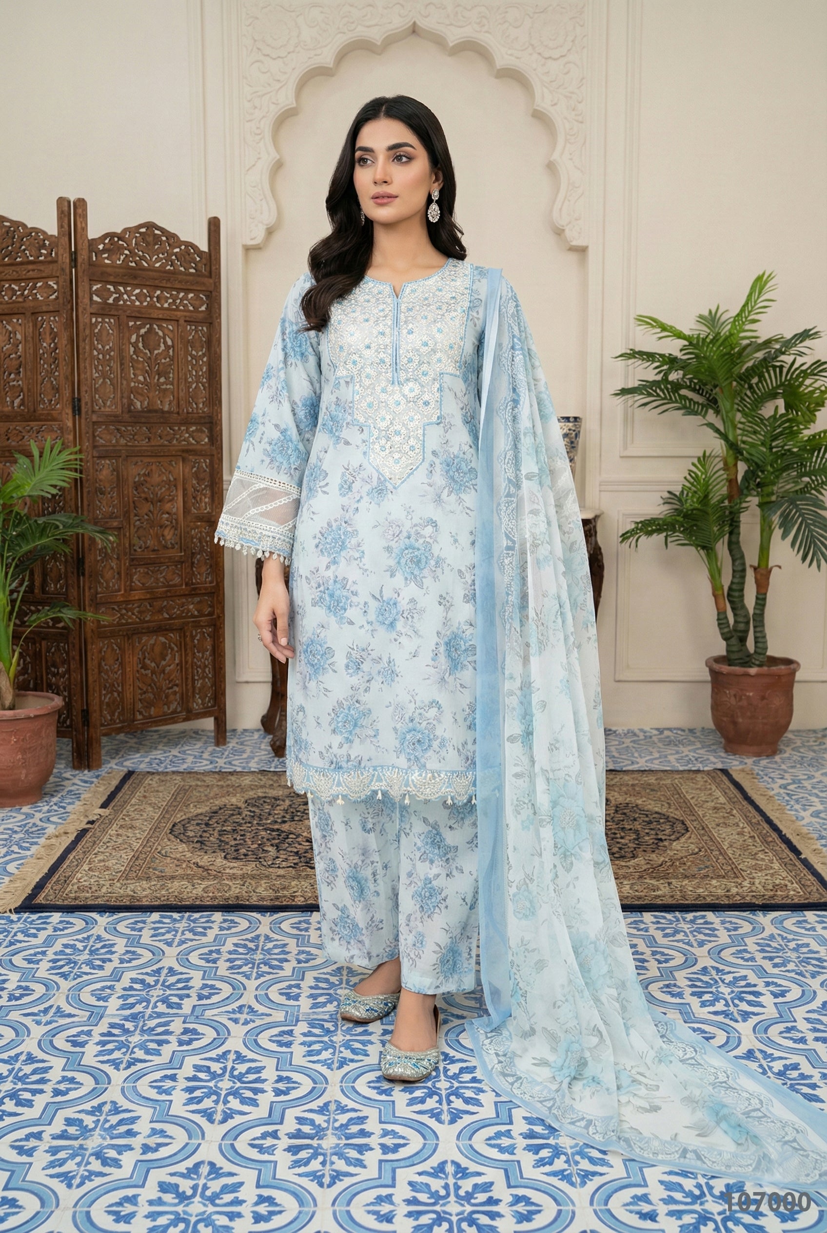 Elegant Sky Blue Floral Embroidered 3PC Suit with Dupatta – Luxury Ladies Wear | Designed By AmeerSons #107000 Ameer Sons