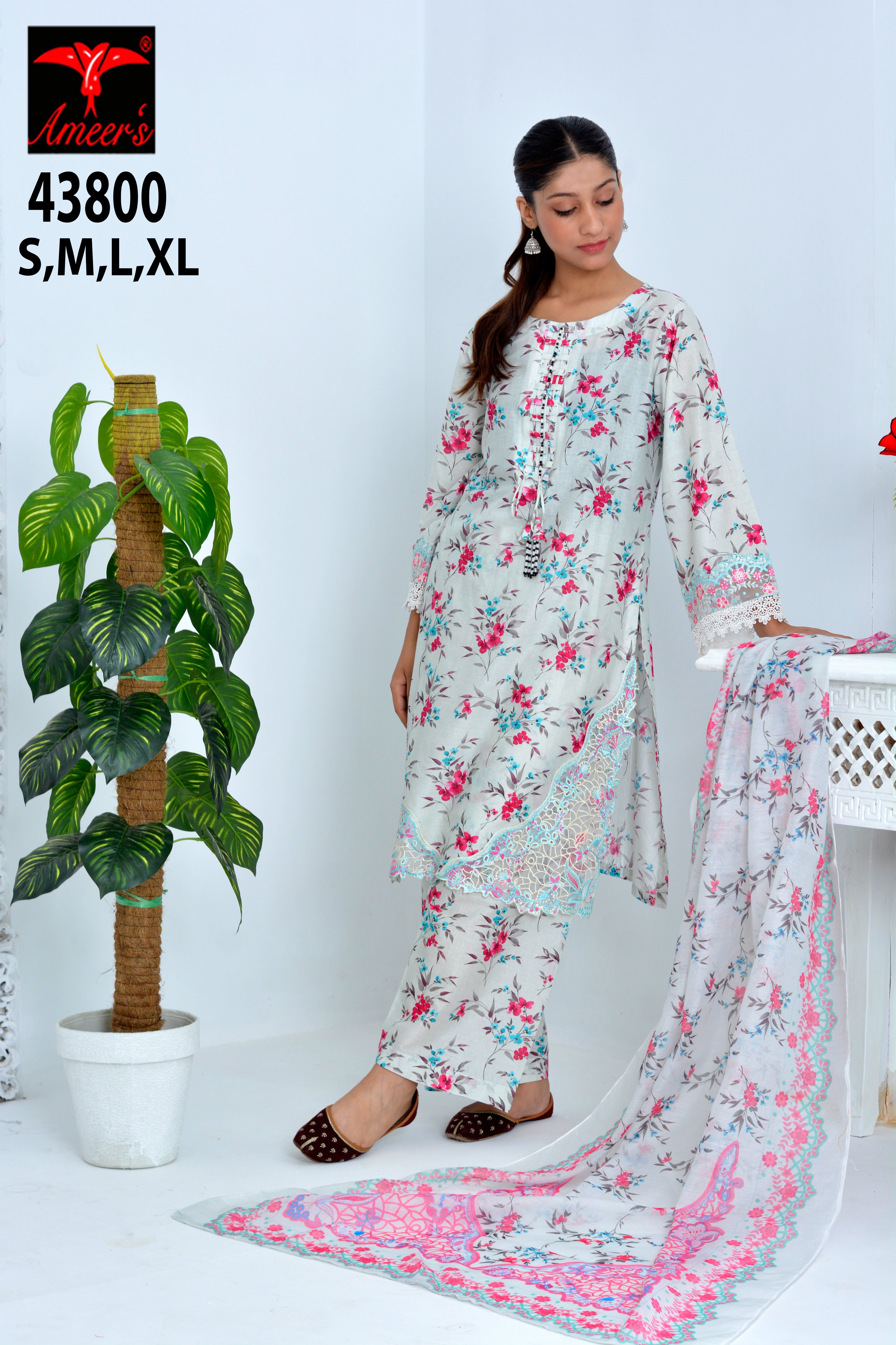 ROOHI floral printed 3 piece lawn suit with chiffon dupatta by Ameer Sons