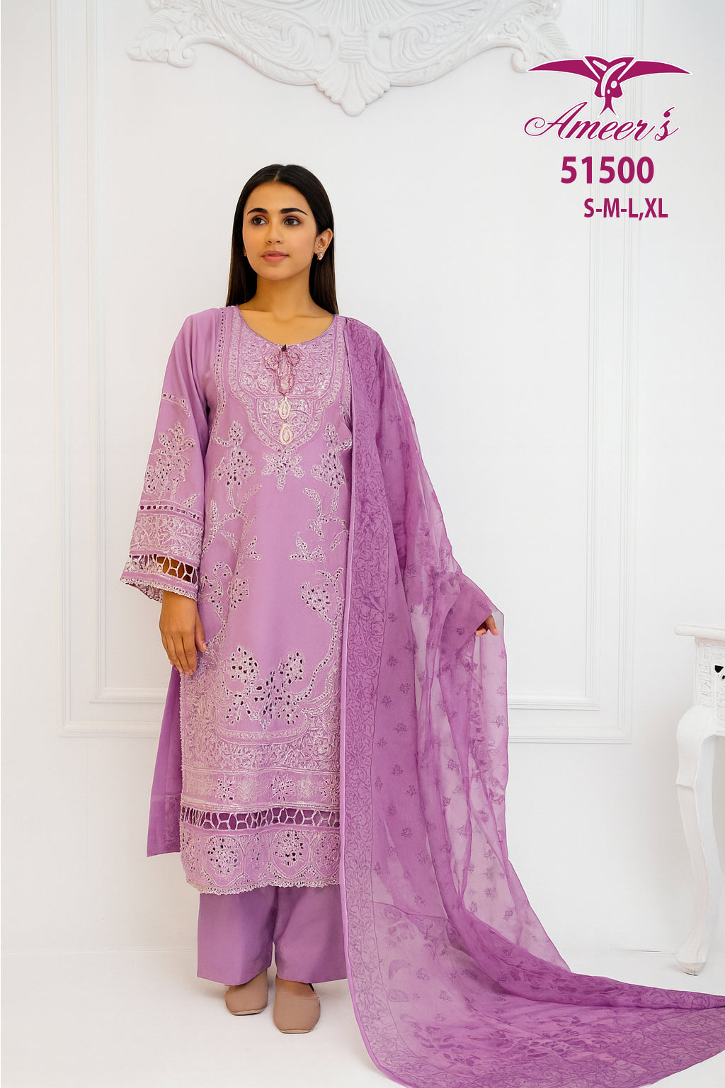 Stitched Shirt Cotton Three Piece