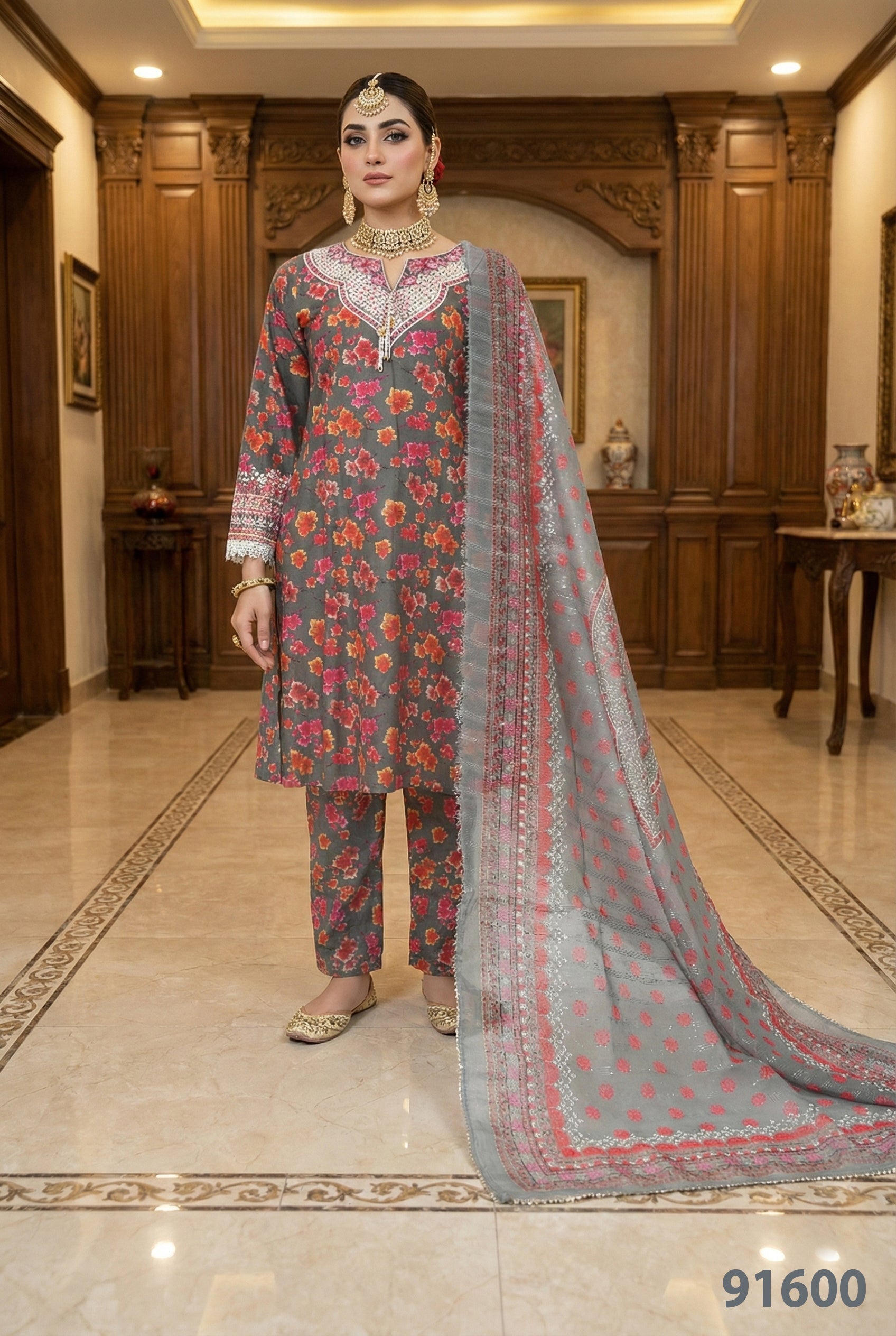 Elegant Grey & Red Floral Printed 3PC Suit with Dupatta – Festive Luxury Wear | Designed By AmeerSons 91600 Ameer Sons
