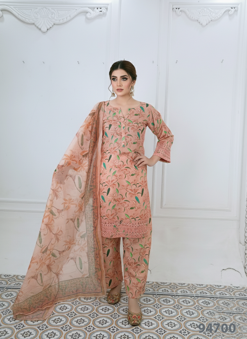 Elegant Peach Floral Printed 3PC Suit with Dupatta – Soft Festive Wear | Designed By AmeerSons #94700 Ameer Sons