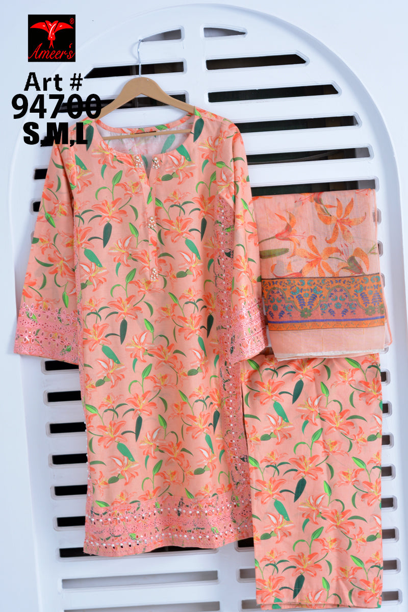 Elegant Peach Floral Printed 3PC Suit with Dupatta – Soft Festive Wear | Designed By AmeerSons #94700 Ameer Sons