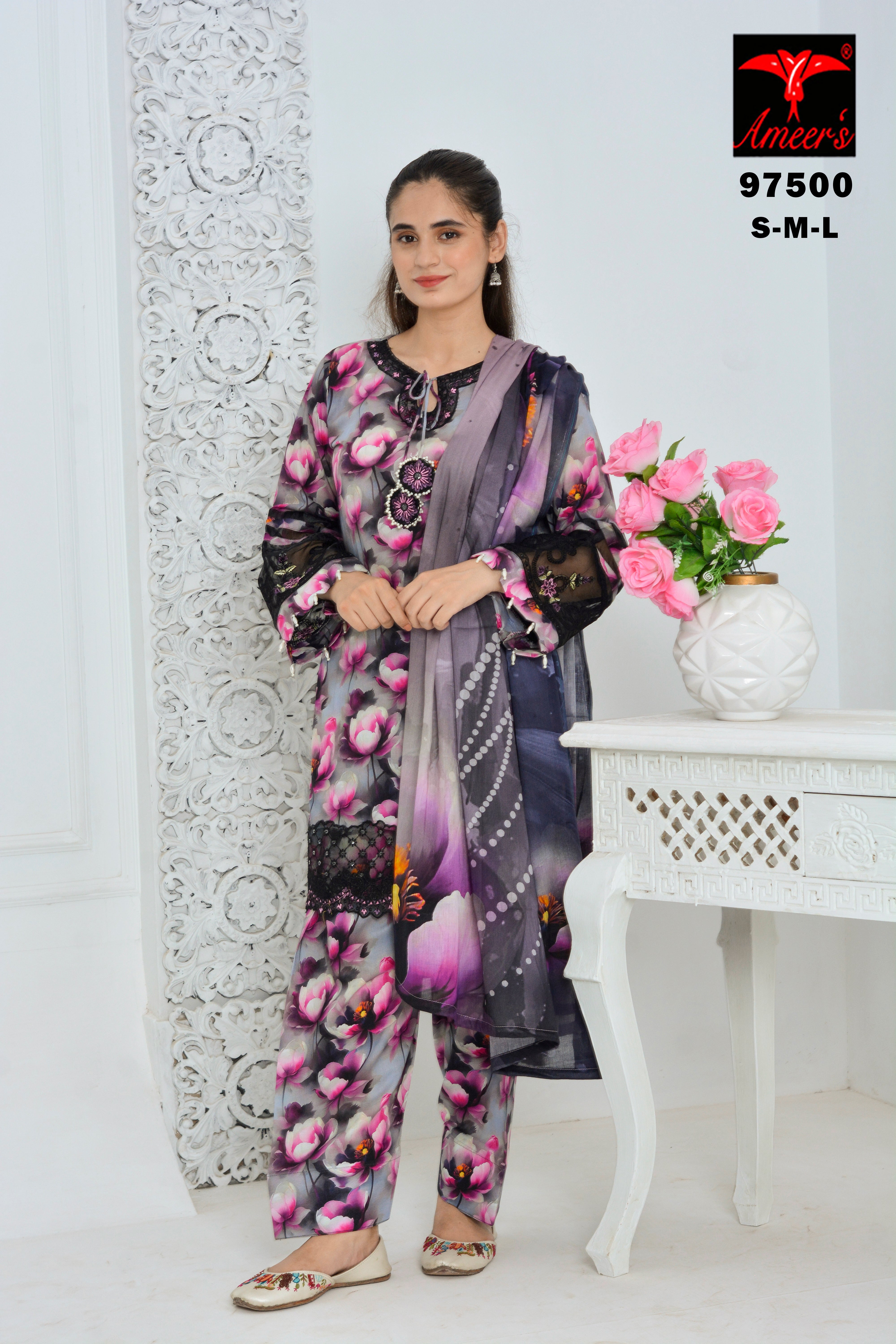 GULAFSHAN purple floral printed 3 piece lawn suit with chiffon dupatta