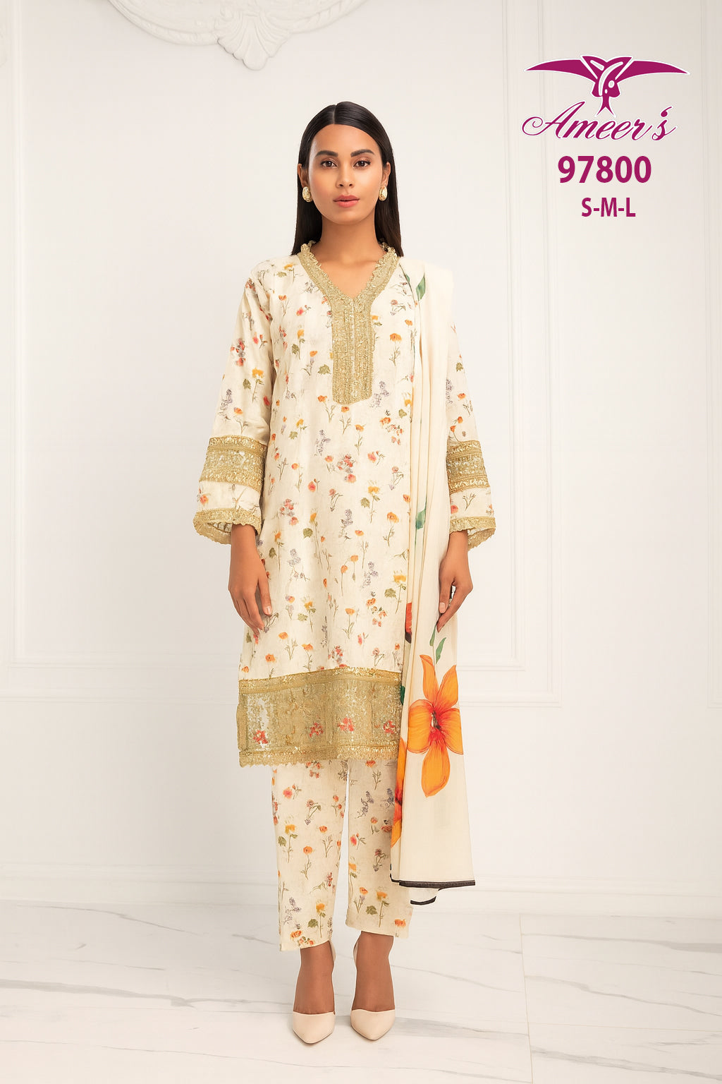 Luxury Cream Floral Embroidered 3PC Suit with Dupatta – Elegant Festive Wear | Designed By AmeerSons #97800 Ameer Sons