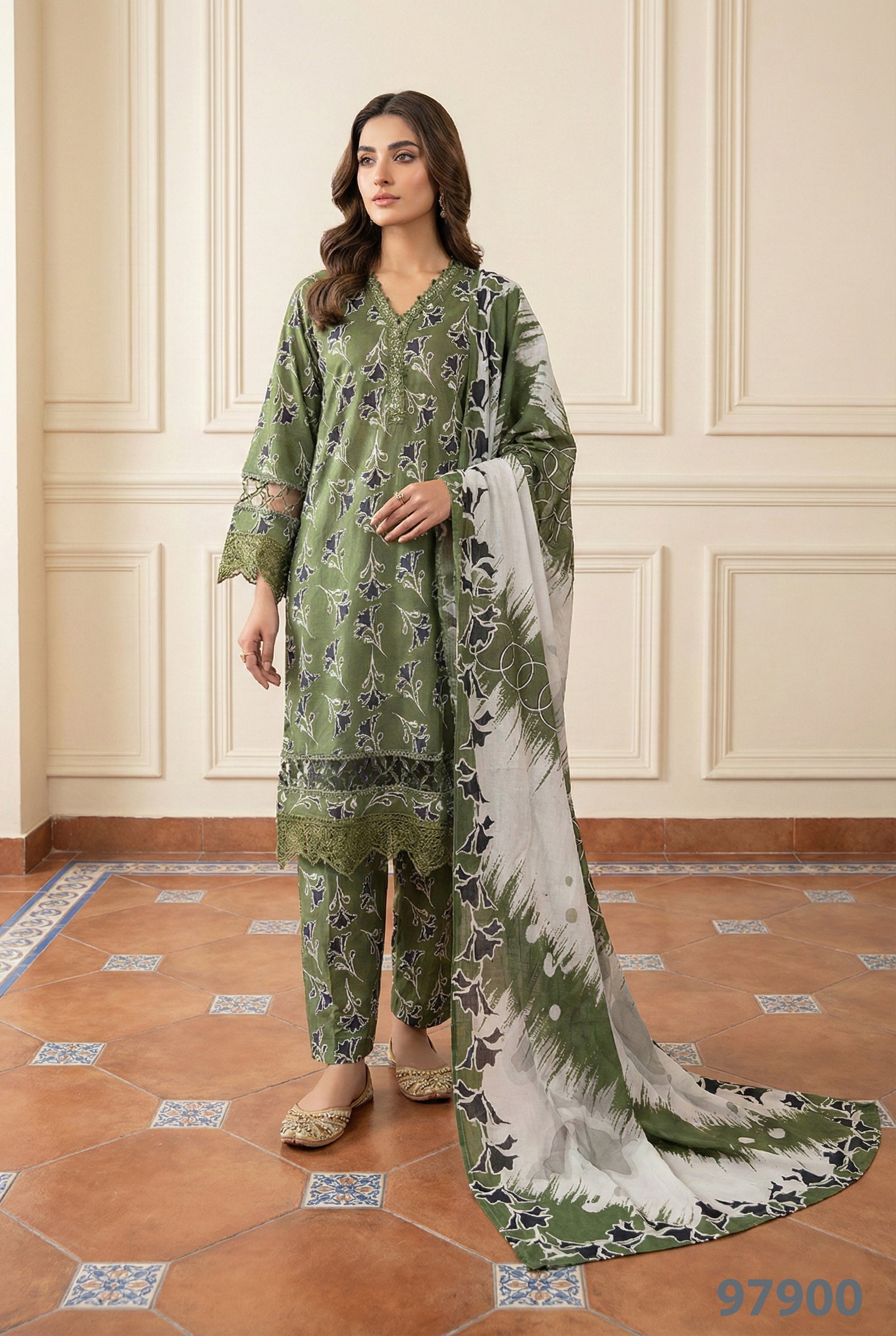 Elegant Floral Printed 3PC Suit With Dupatta|97900 Ameer Sons