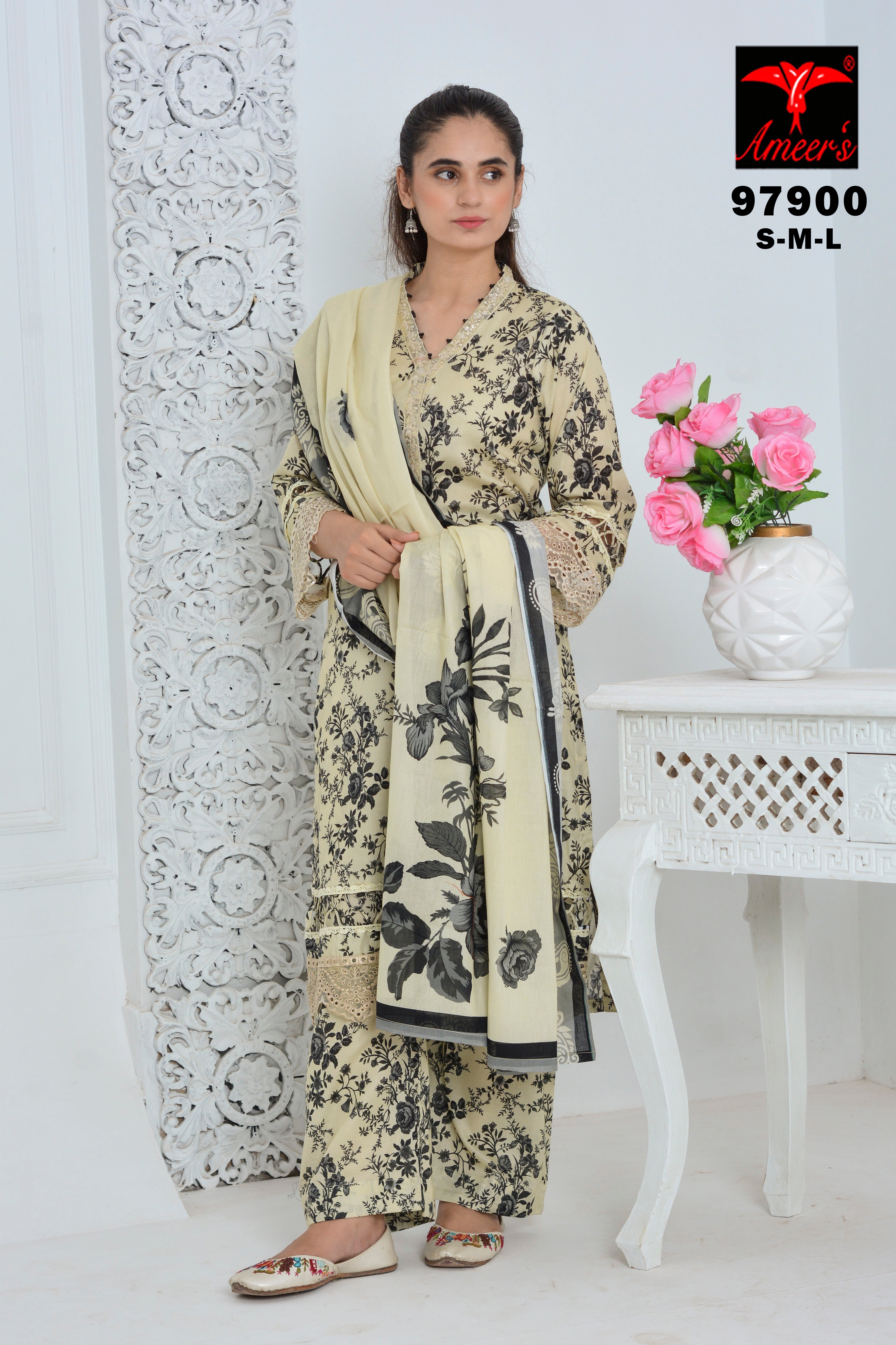 Elegant Floral Printed 3PC Suit With Dupatta|97900 Ameer Sons