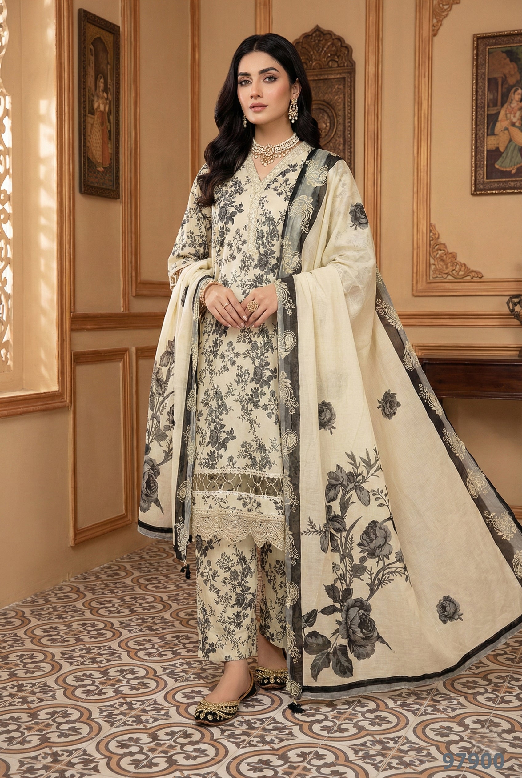 Elegant Floral Printed 3PC Suit With Dupatta|97900 Ameer Sons