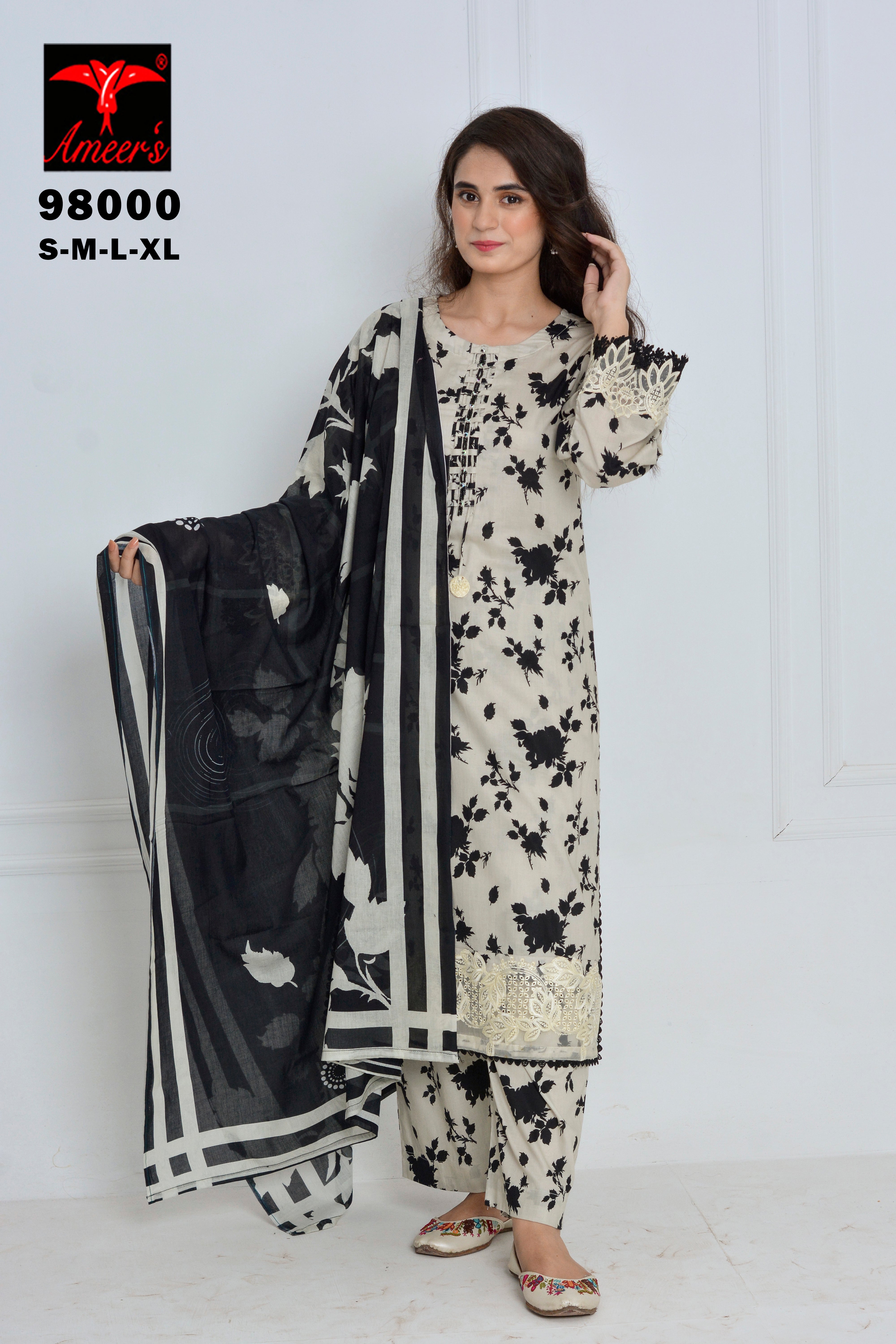 Elegant Black & White Printed 3PC Suit with Dupatta – Premium Ladies Wear | Designed By AmeerSons 98000 Ameer Sons