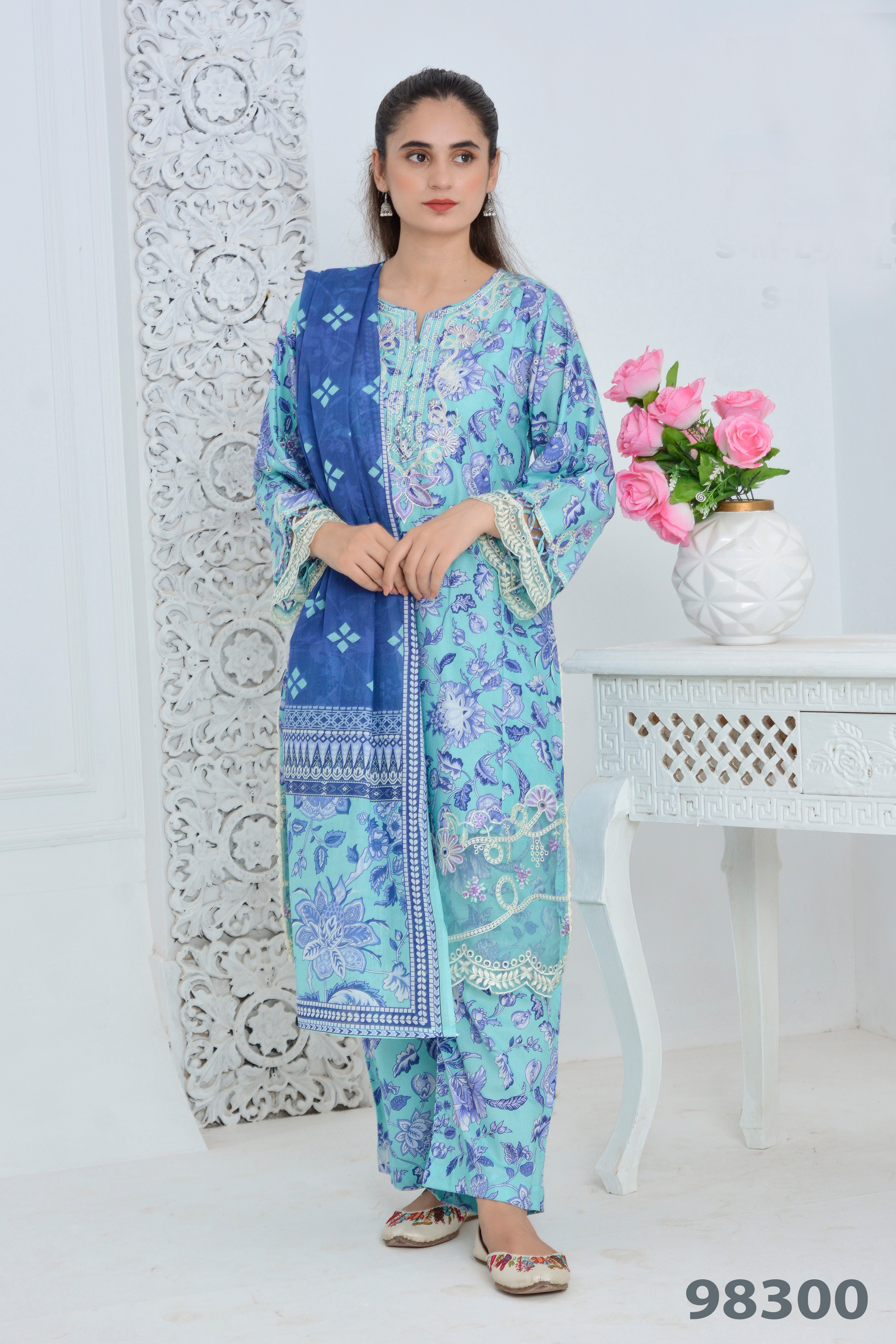 Elegant Aqua Blue Floral Printed 3PC Suit with Contrast Dupatta – Casual Chic Wear | Designed By AmeerSons #98300 Ameer Sons