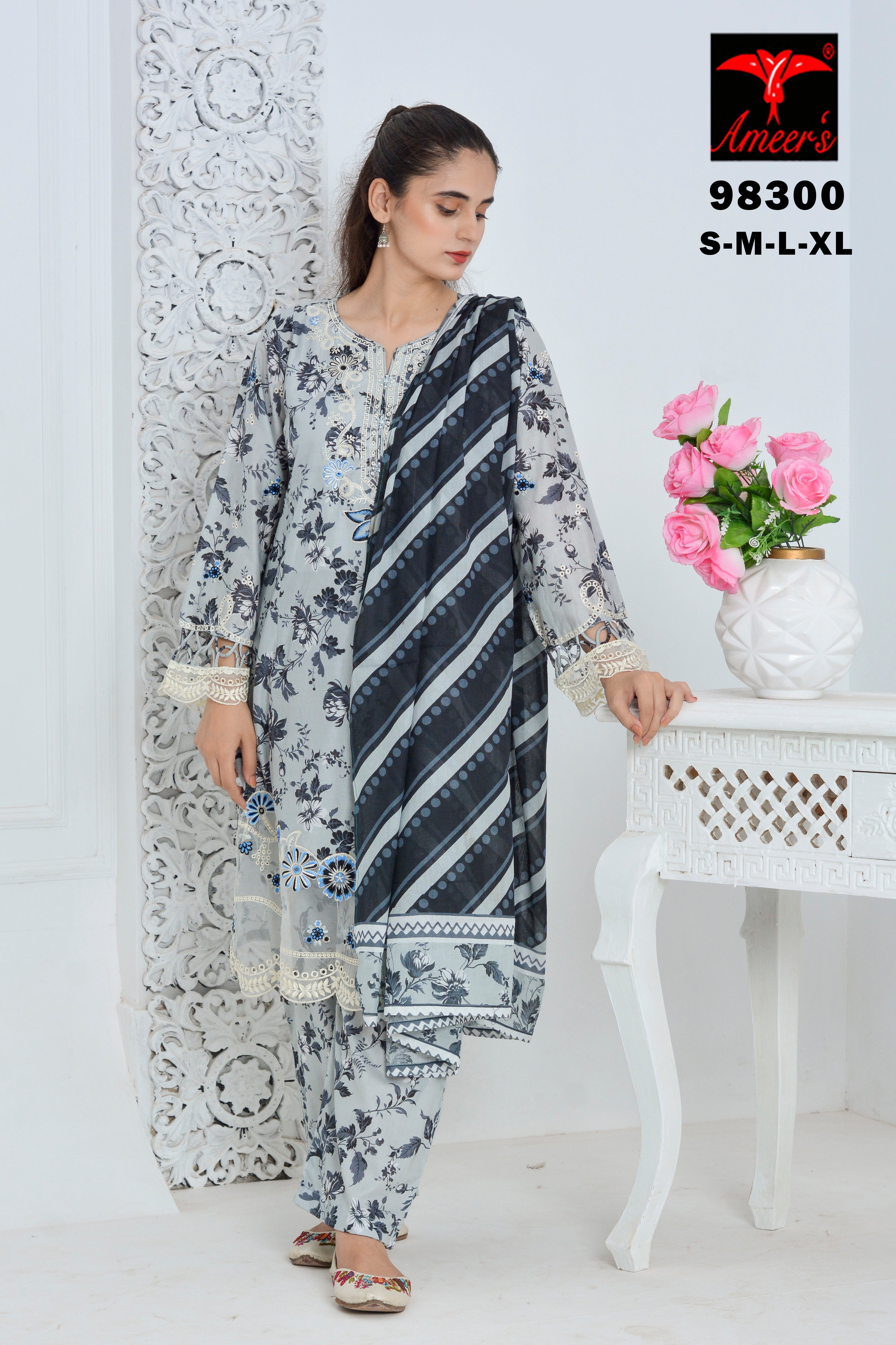 Elegant Aqua Blue Floral Printed 3PC Suit with Contrast Dupatta – Casual Chic Wear | Designed By AmeerSons #98300 Ameer Sons