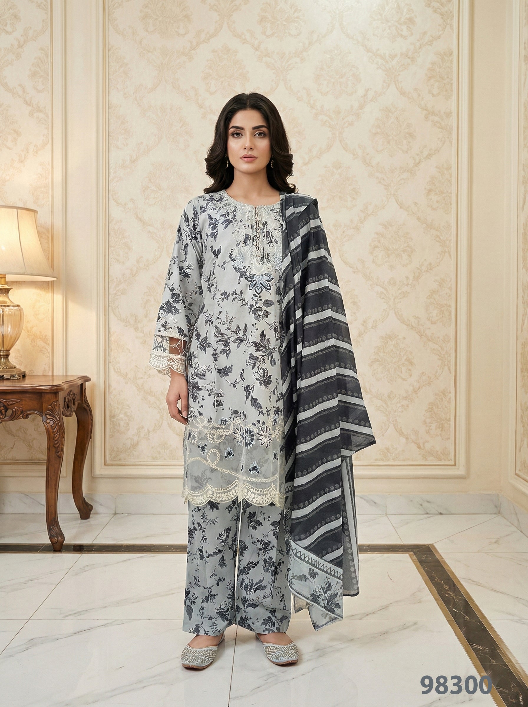 Elegant Aqua Blue Floral Printed 3PC Suit with Contrast Dupatta – Casual Chic Wear | Designed By AmeerSons #98300 Ameer Sons