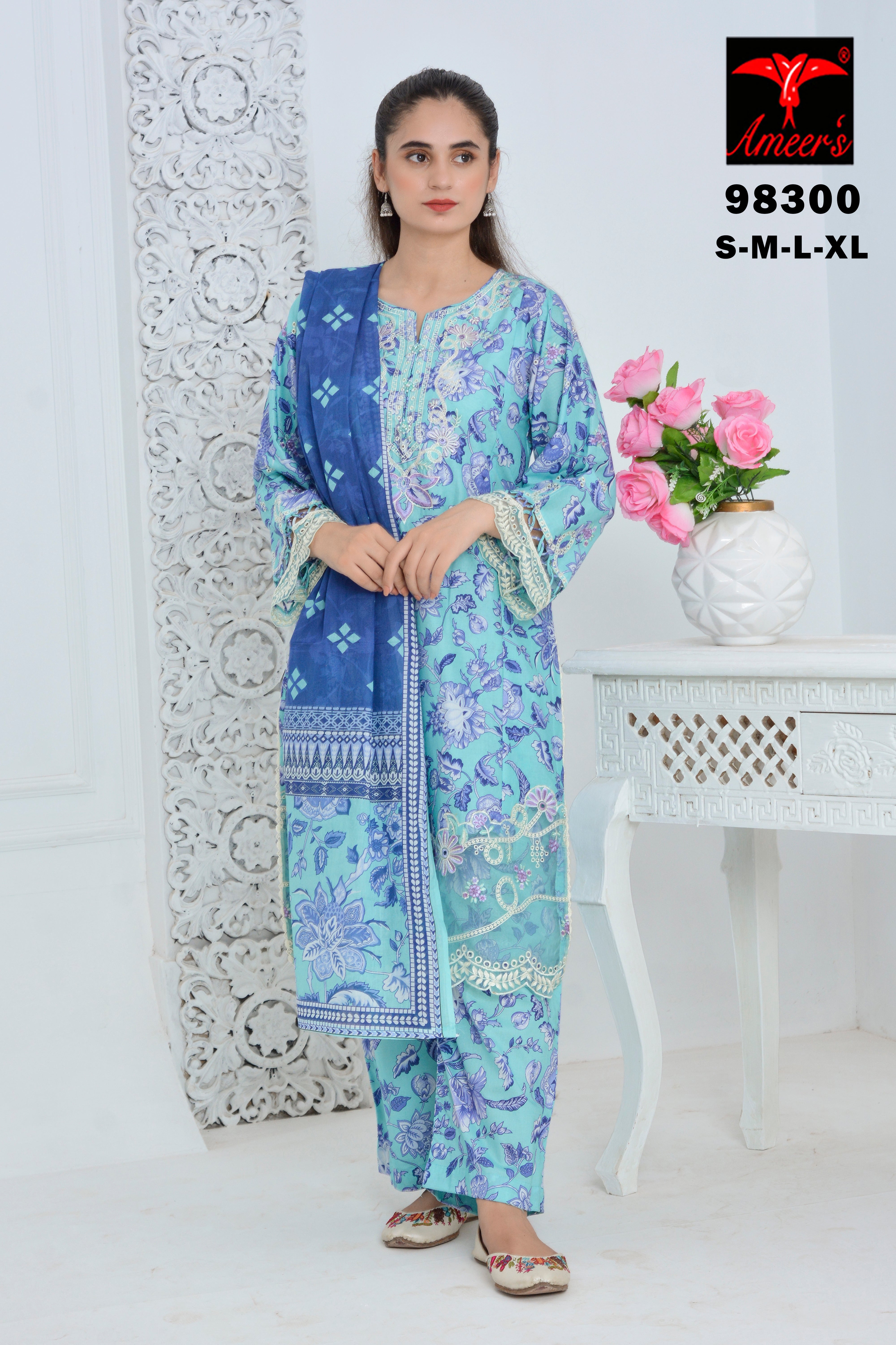 Elegant Aqua Blue Floral Printed 3PC Suit with Contrast Dupatta – Casual Chic Wear | Designed By AmeerSons #98300 Ameer Sons