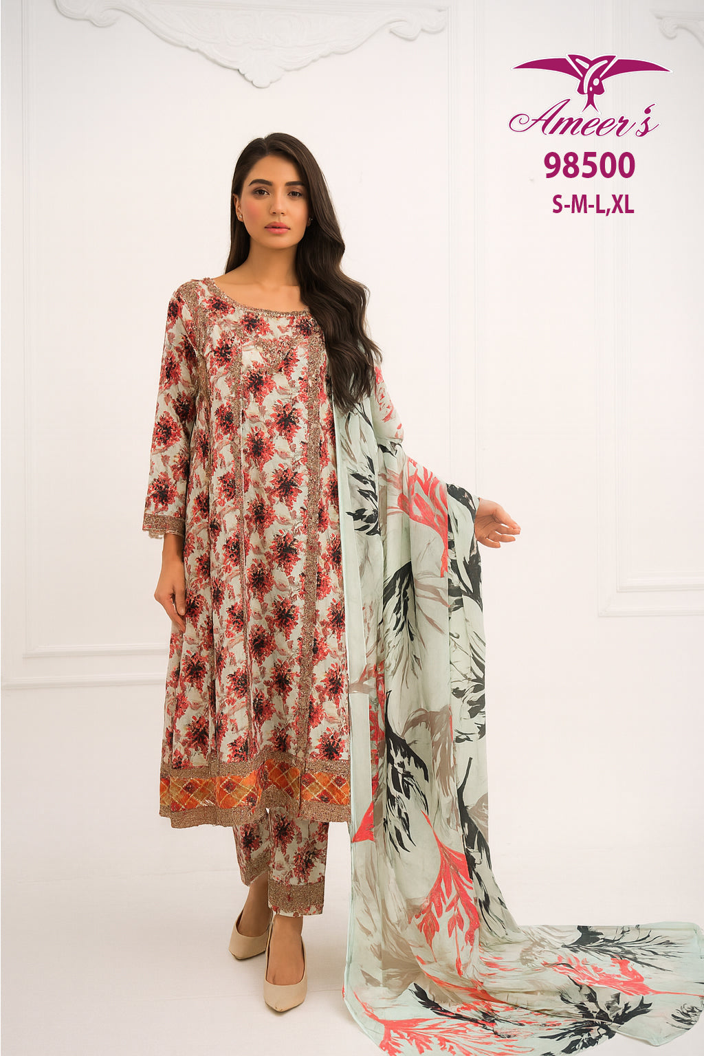 New Three Piece Digital Print Frock By Ameersons