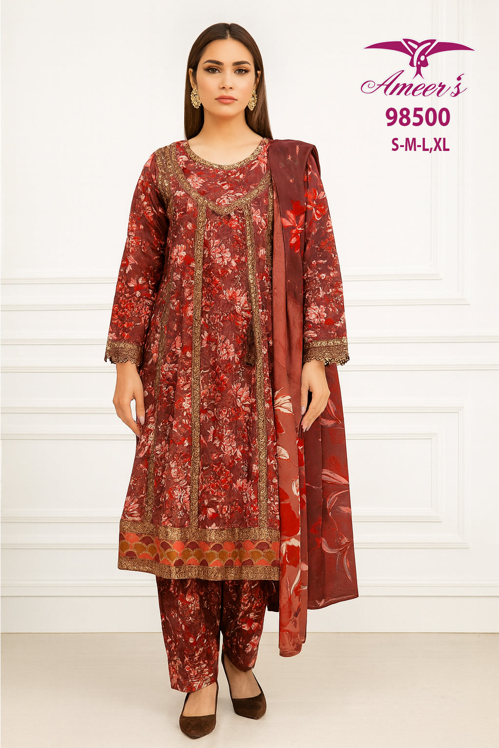 New Three Piece Digital Print Frock By Ameersons