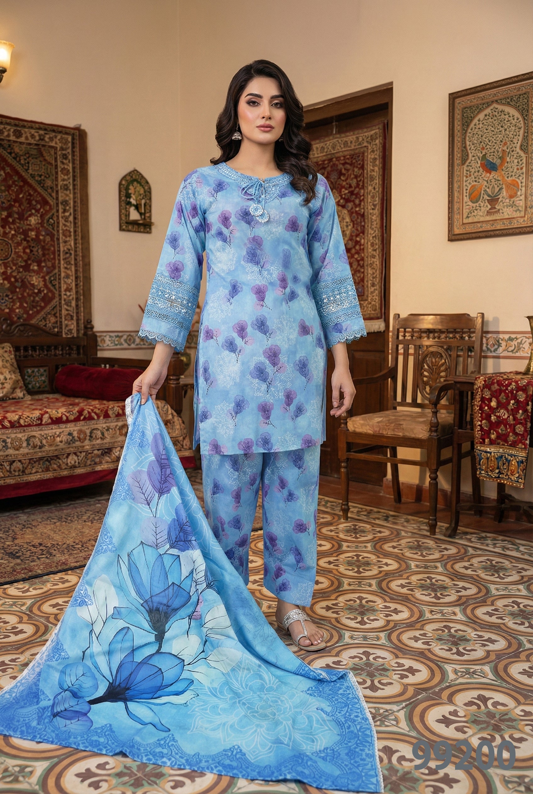 NEELAM sky blue floral printed 3 piece lawn suit with chiffon dupatta by Ameer Sons