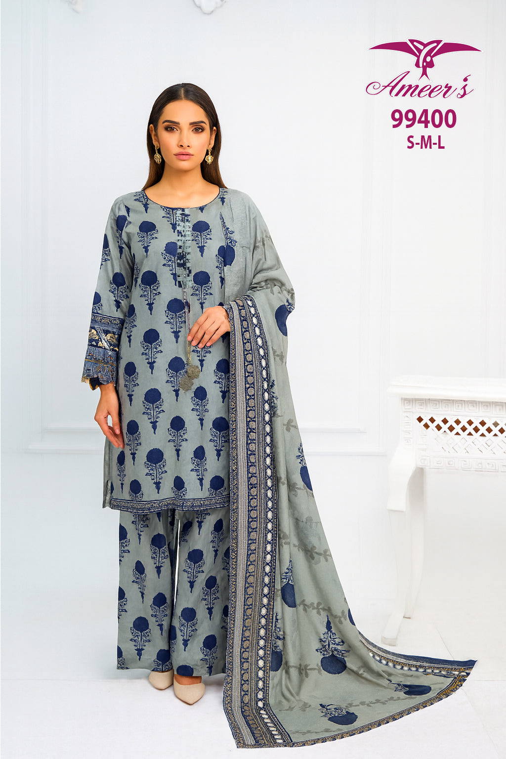 Elegant Grey & Navy Printed 3PC Suit with Dupatta – Stylish Ladies Wear | Designed by AmeerSons #99400 Ameer Sons