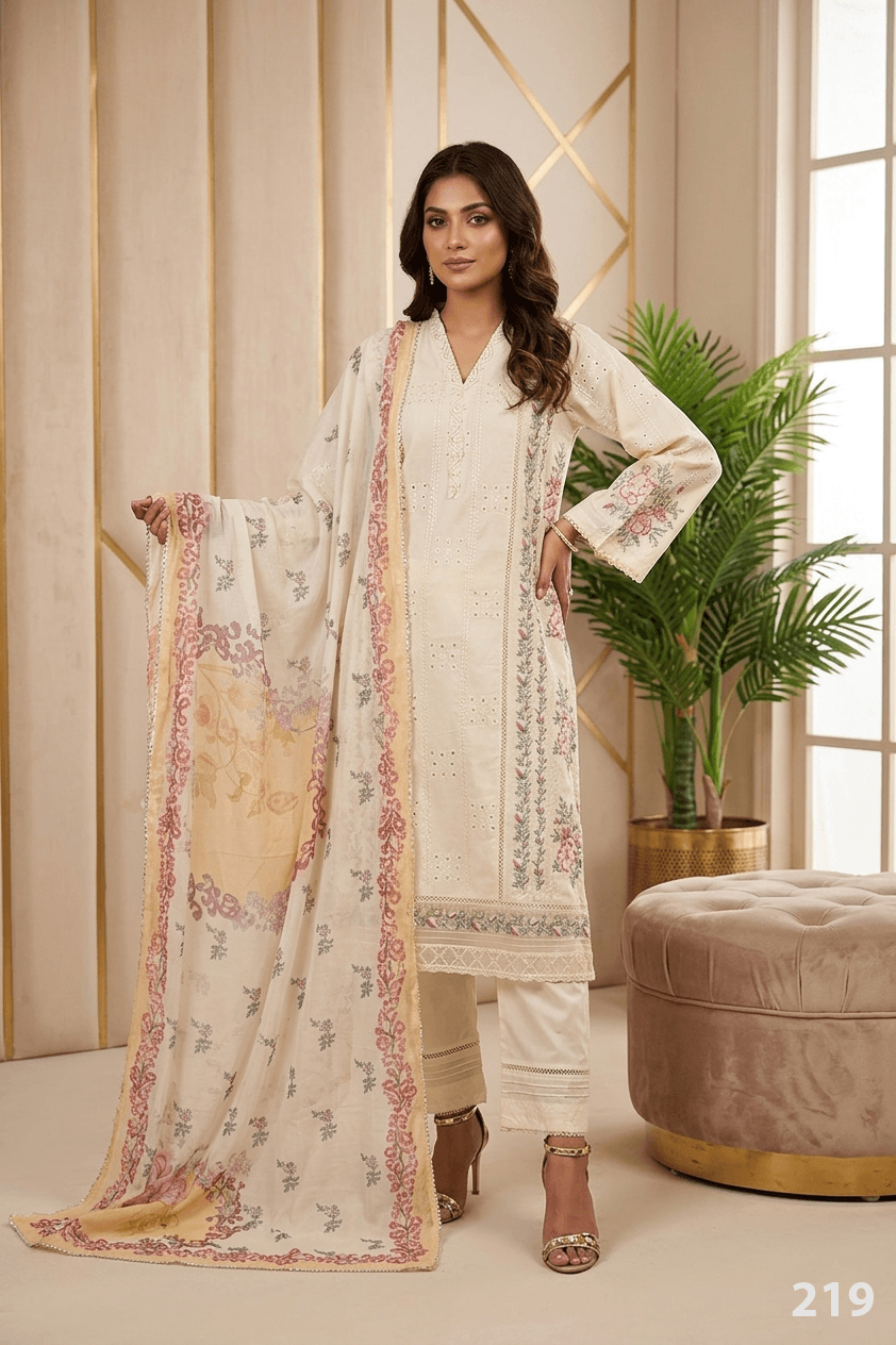 ZARMINÉ cream embroidered 3 piece lawn suit with printed chiffon dupatta by Ameer Sons