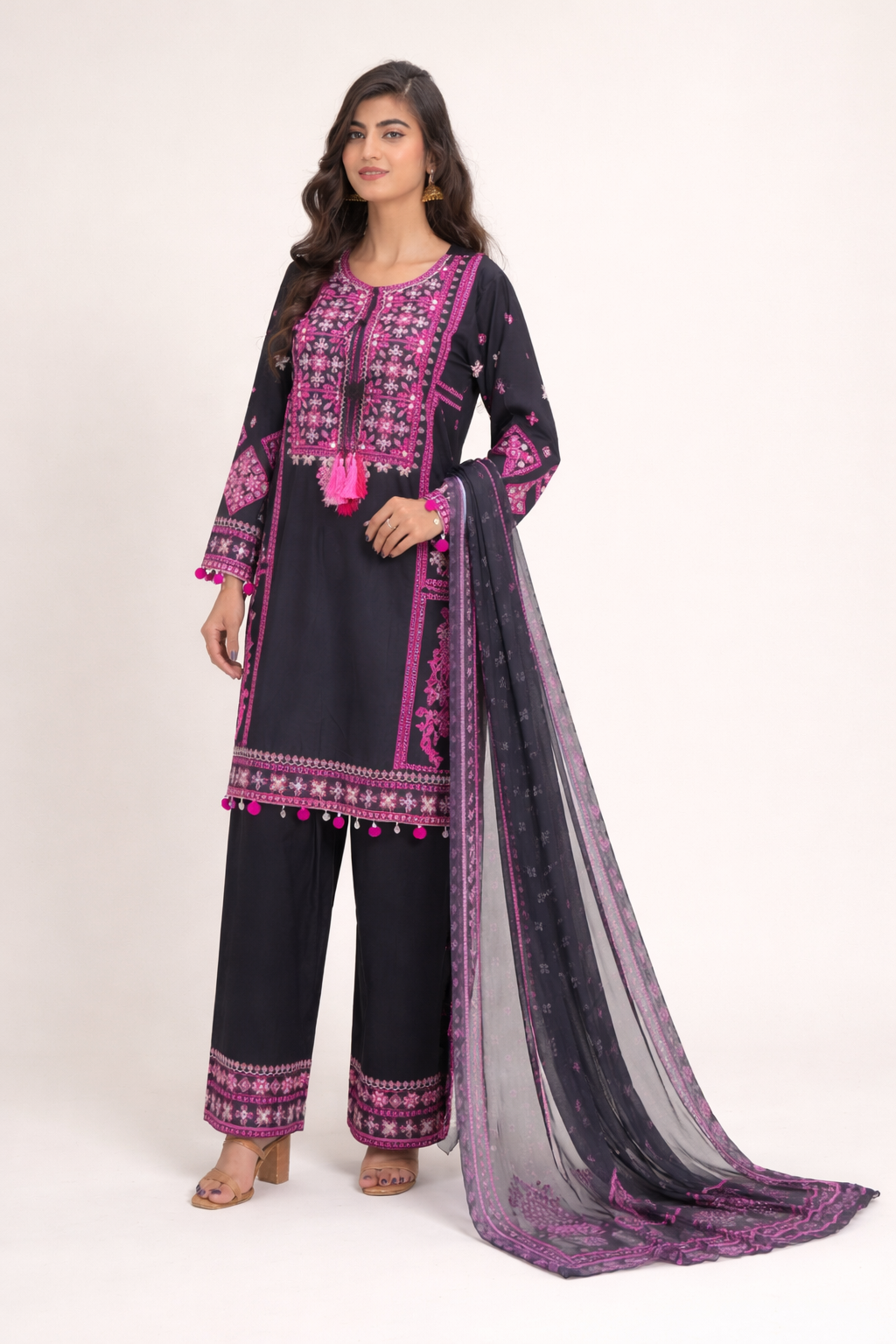 Midnight Black & Magenta Embroidered 3PC Cotton Suit ART#197000 | Design by Ameersons Ameer Sons