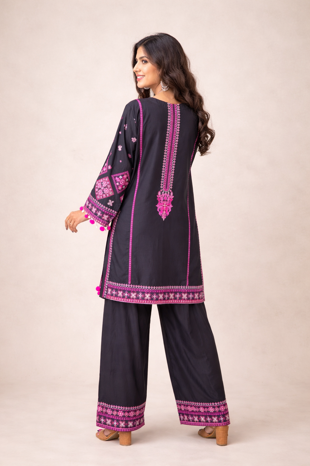 Midnight Black & Magenta Embroidered 3PC Cotton Suit ART#197000 | Design by Ameersons Ameer Sons