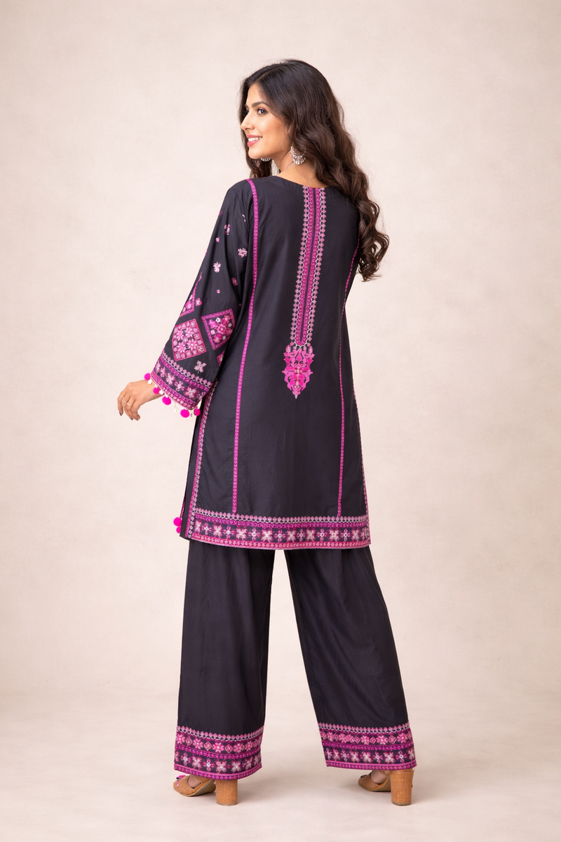 Midnight Black & Magenta Embroidered 3PC Cotton Suit ART#197000 | Design by Ameersons Ameer Sons